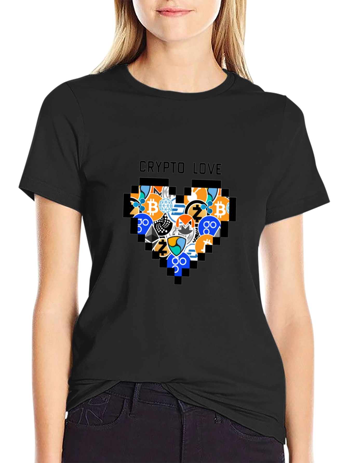 Black Crypto Love Black T-Shirt - Bitcoin & Altcoin Heart view 2