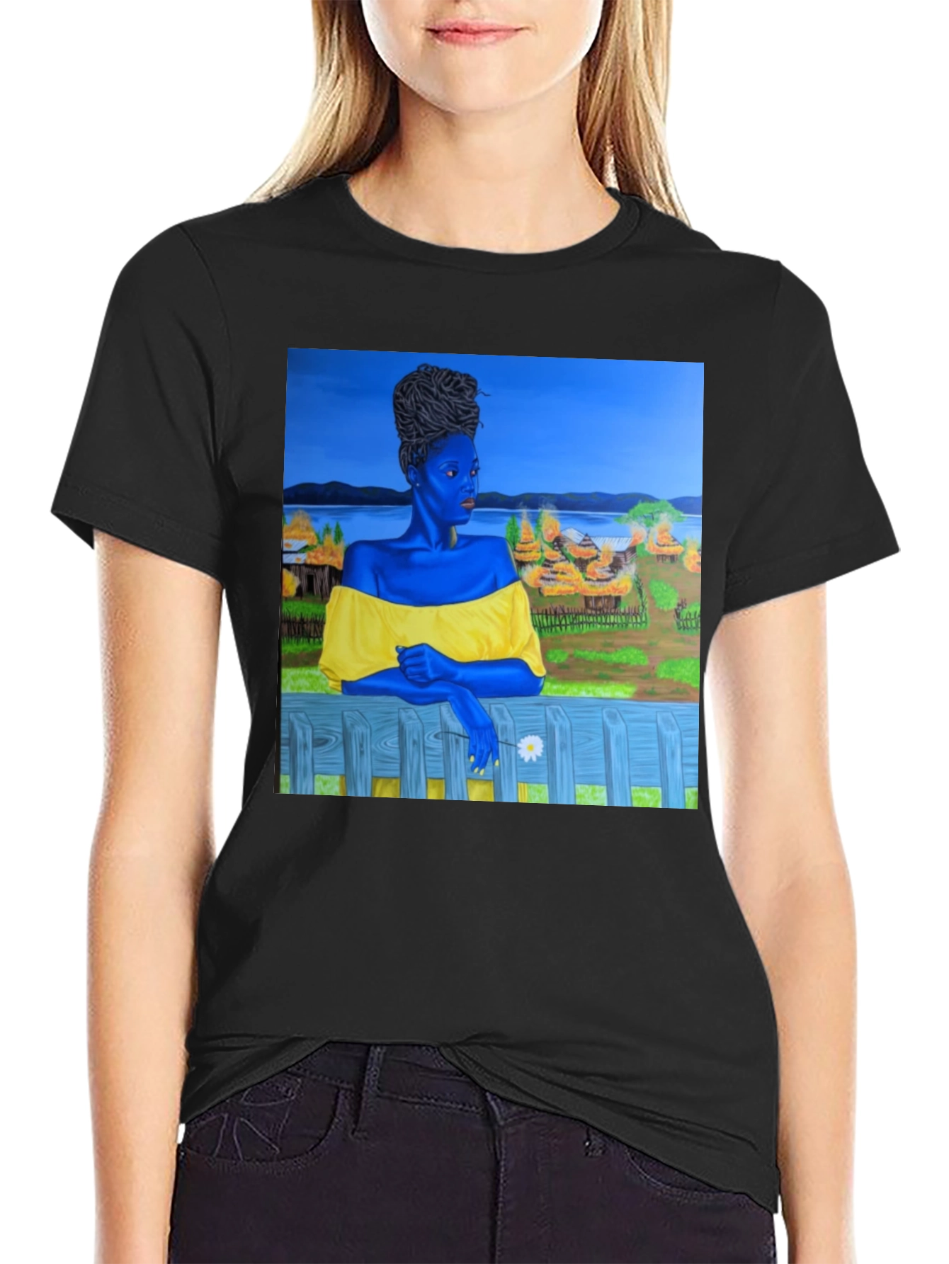 Black Black T-Shirt with Artistic Portrait Print view 2