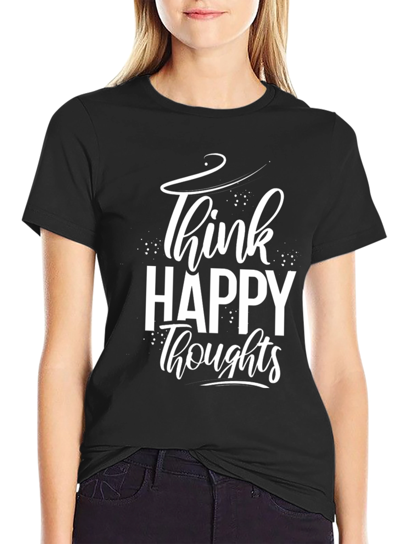 Black Think Happy Thoughts Graphic Tee - Positive Vibes Shirt view 2