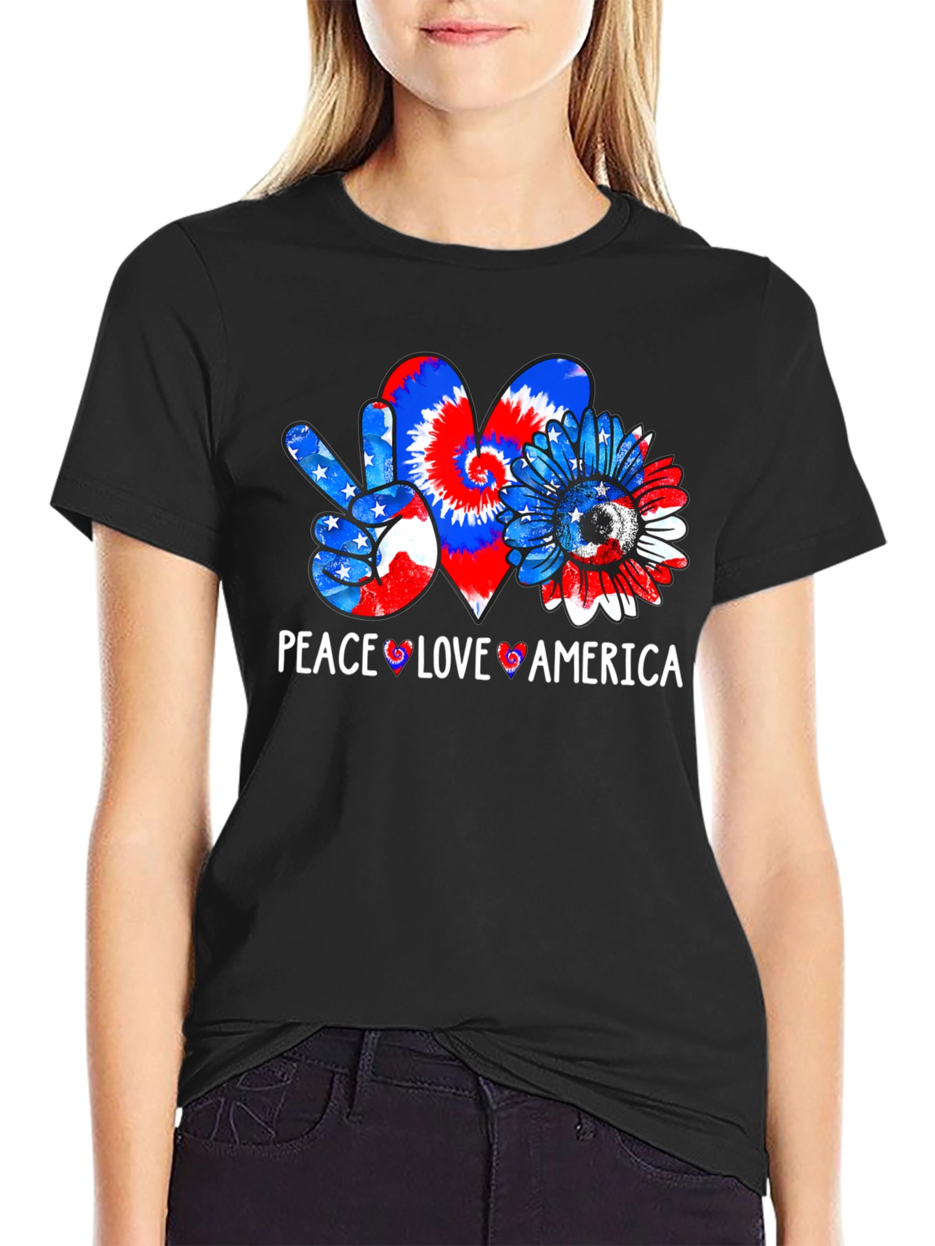Black Patriotic Peace Love America T-Shirt view 2