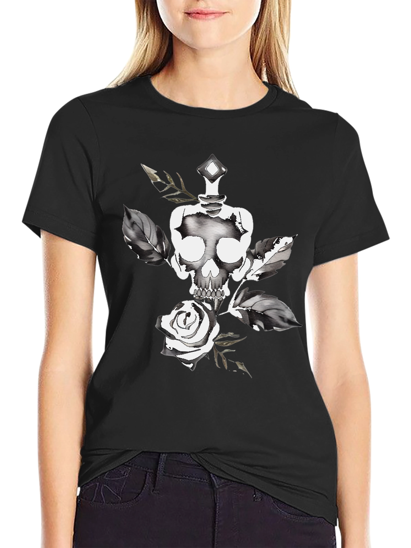 Black Skull & Rose Graphic Tee - Stylish Black Cotton T-Shirt view 2