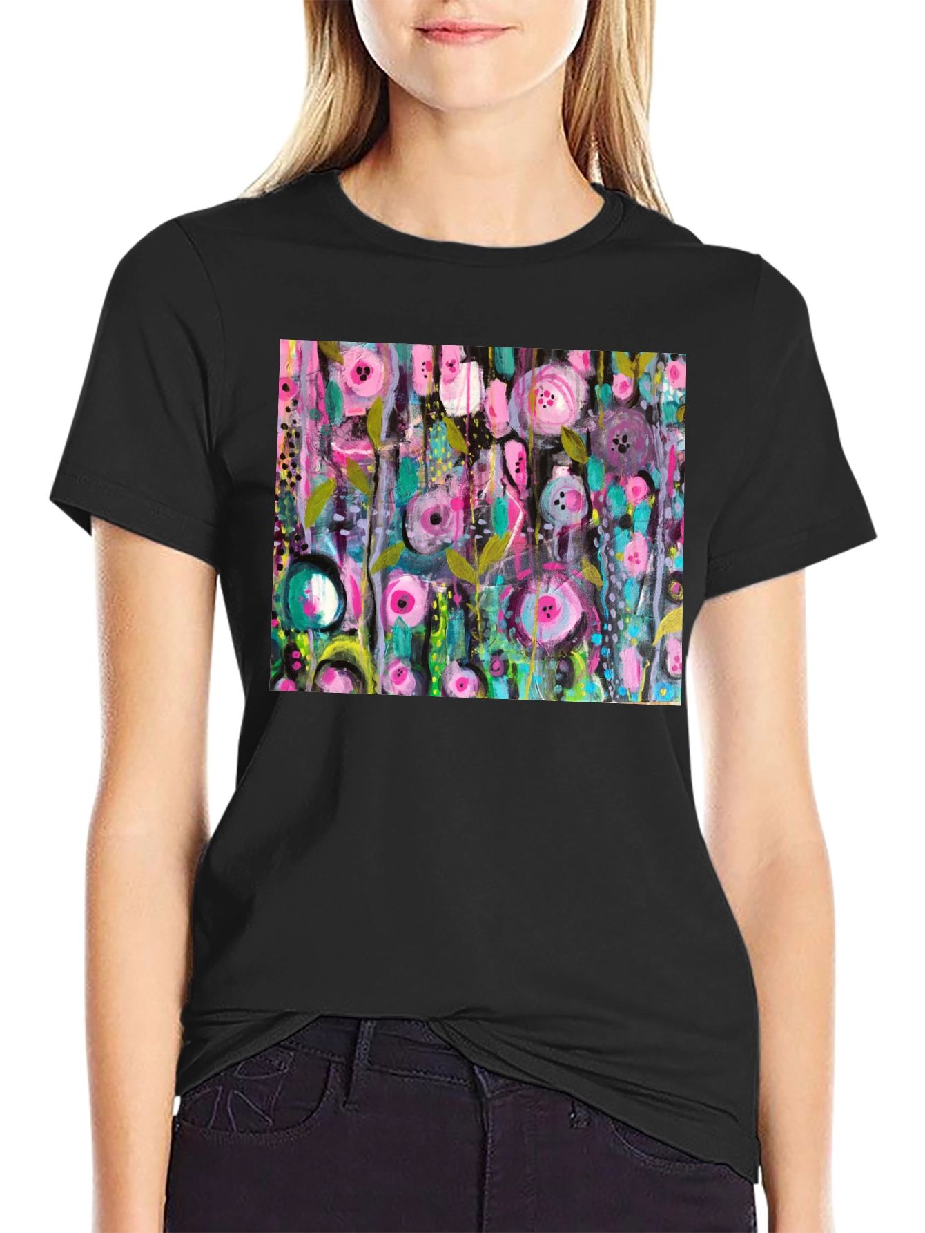 Black Abstract Floral Print Black T-Shirt view 2