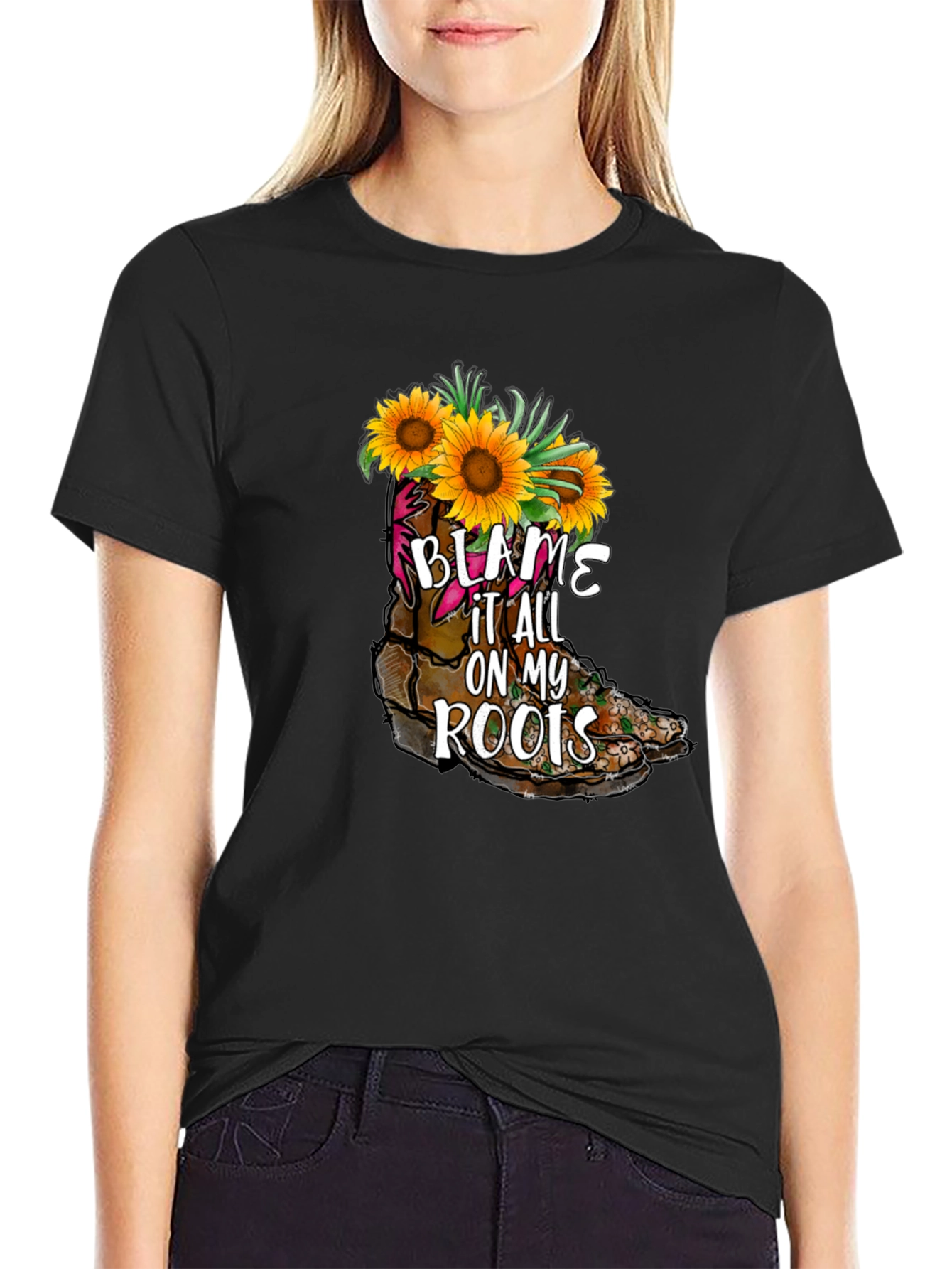 Black Blame It All On My Roots Sunflower Boot T-Shirt view 2