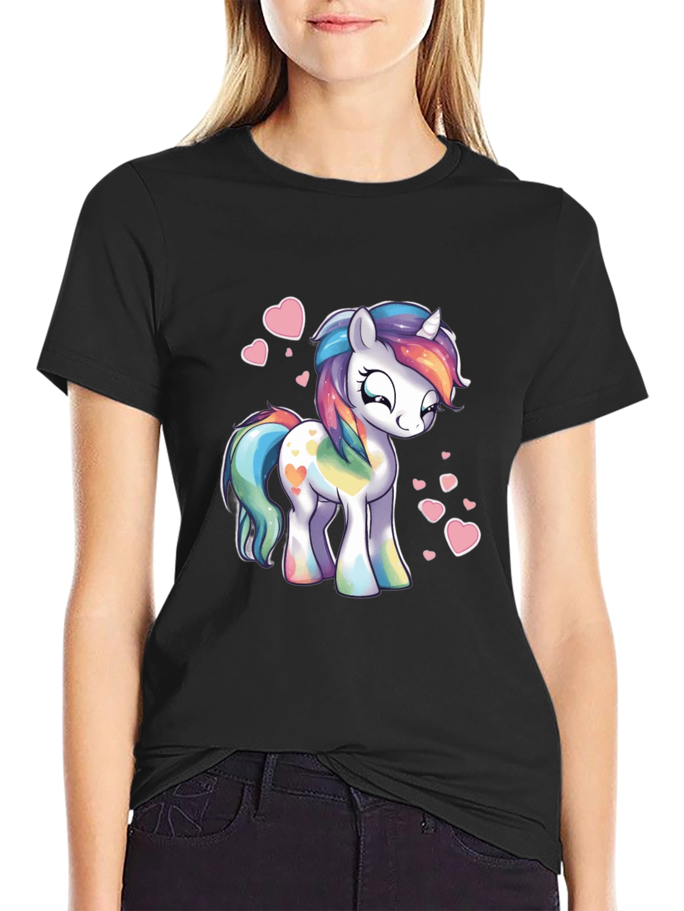 Black Rainbow Unicorn Heart Graphic Black T-Shirt view 2