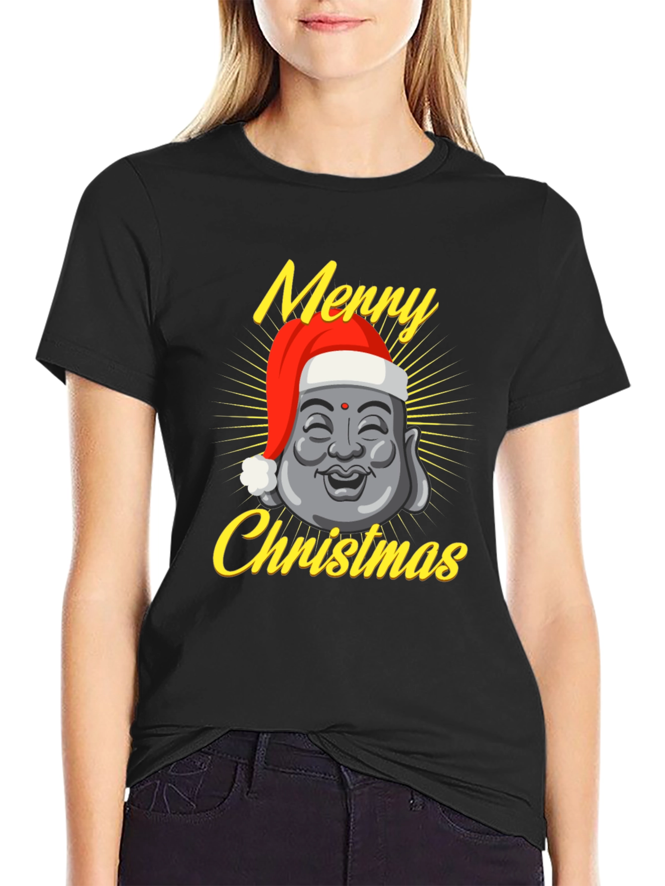 Black Merry Christmas Buddha T-Shirt view 2