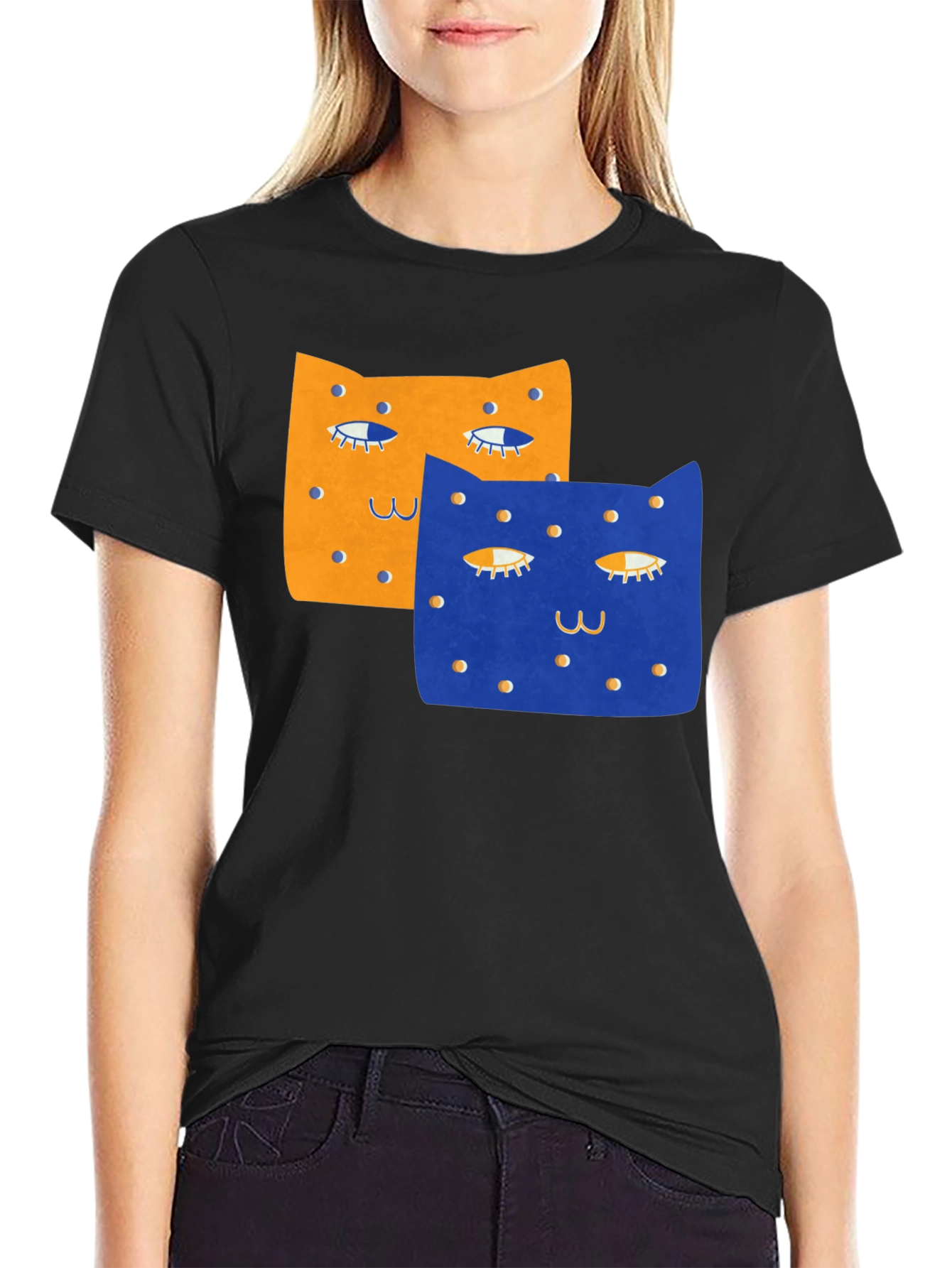 Black Whimsical Cat Print T-Shirt - Black view 2