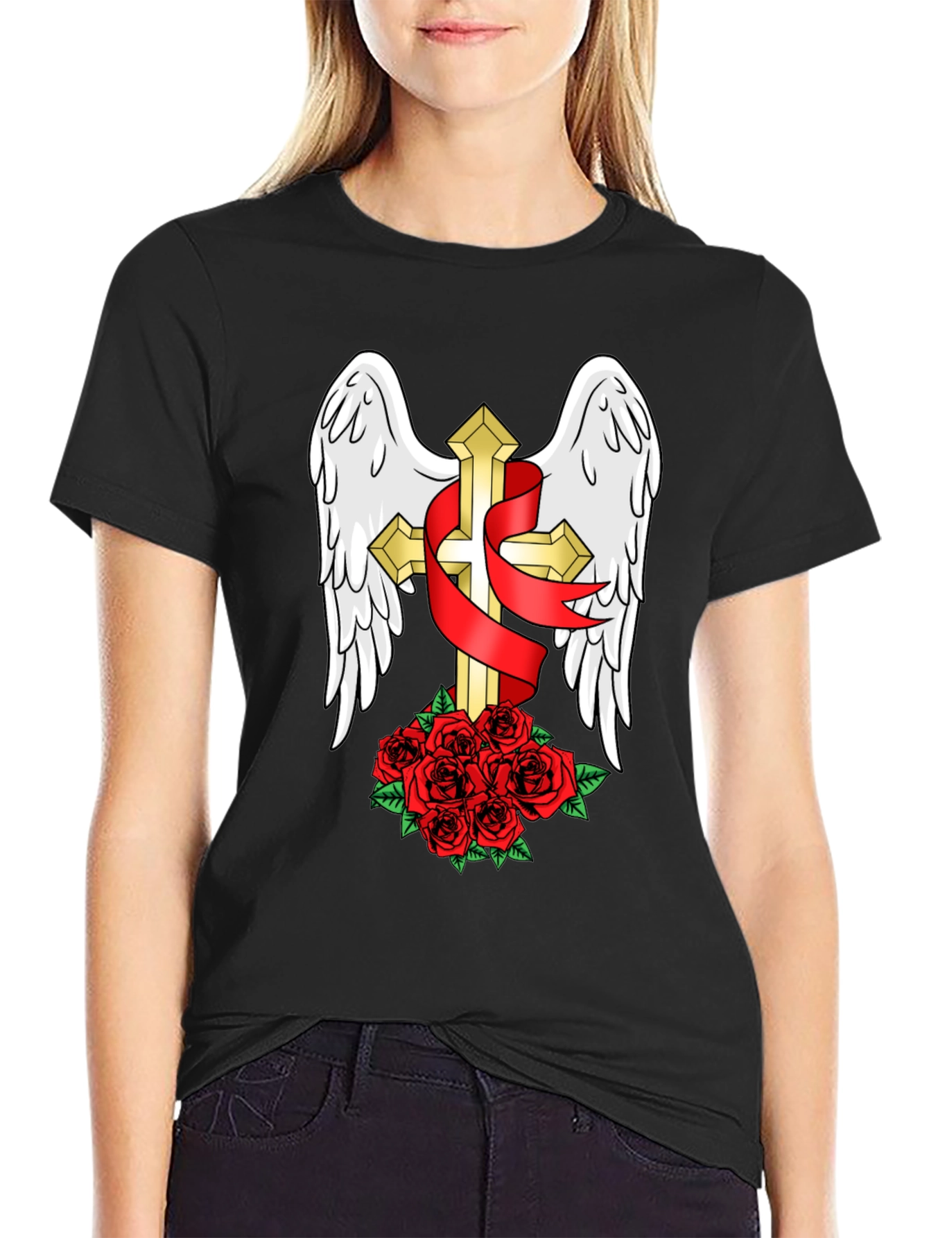 Black Winged Cross & Roses T-Shirt - Stylish Graphic Tee view 2