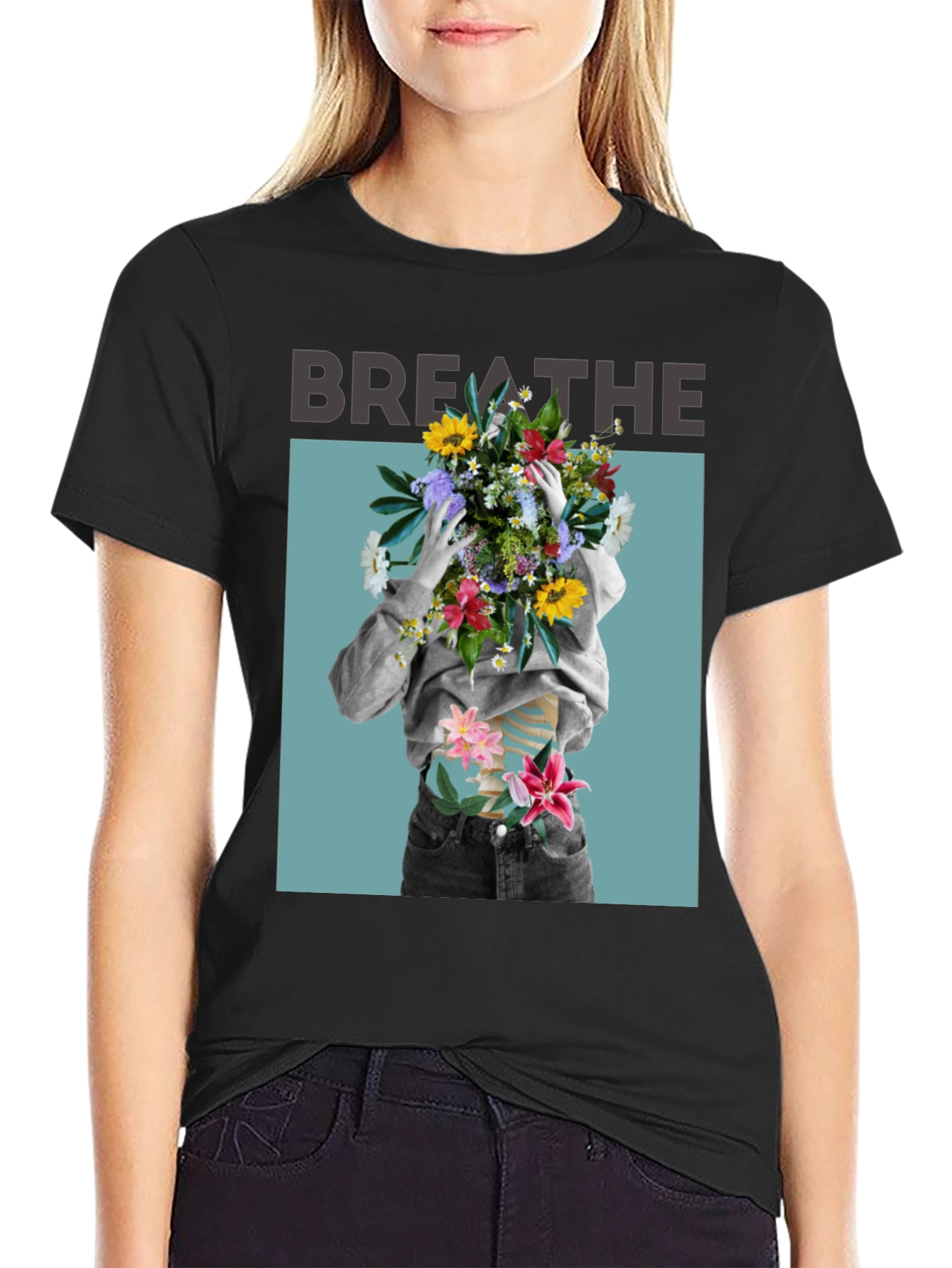 Black Breathe Floral Graphic Black T-Shirt view 2