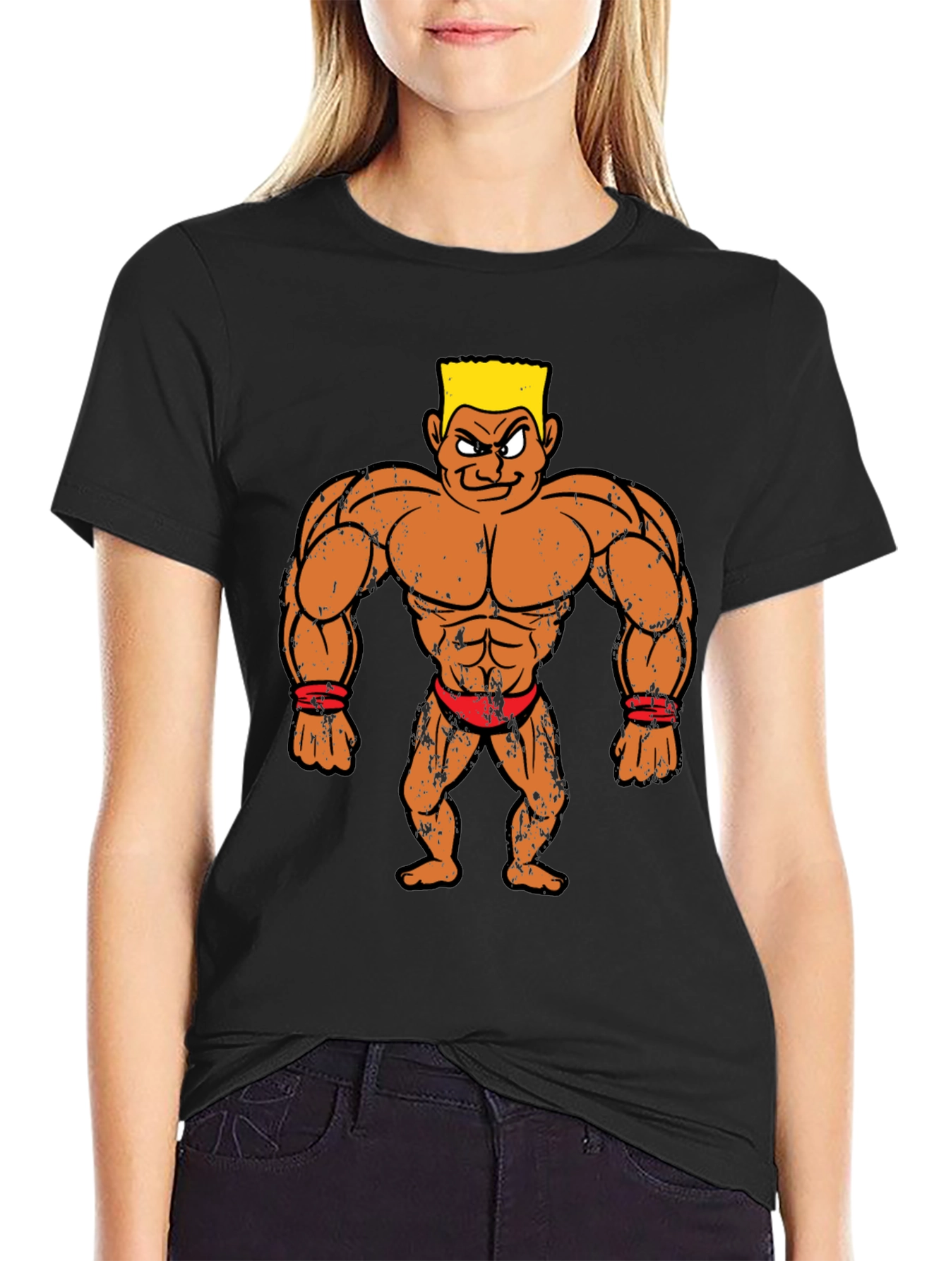 Black Cartoon Bodybuilder Graphic Tee - Black view 2