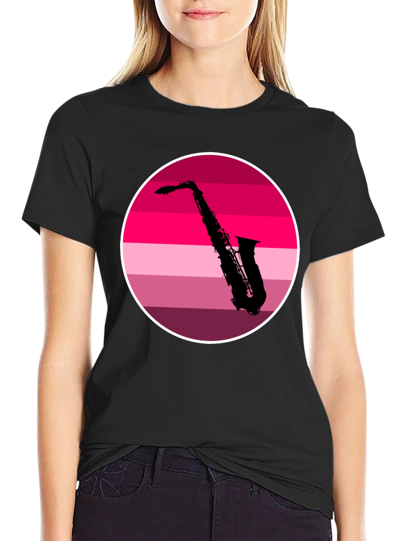Black Saxophone Silhouette Tee - Retro Music Vibes view 2