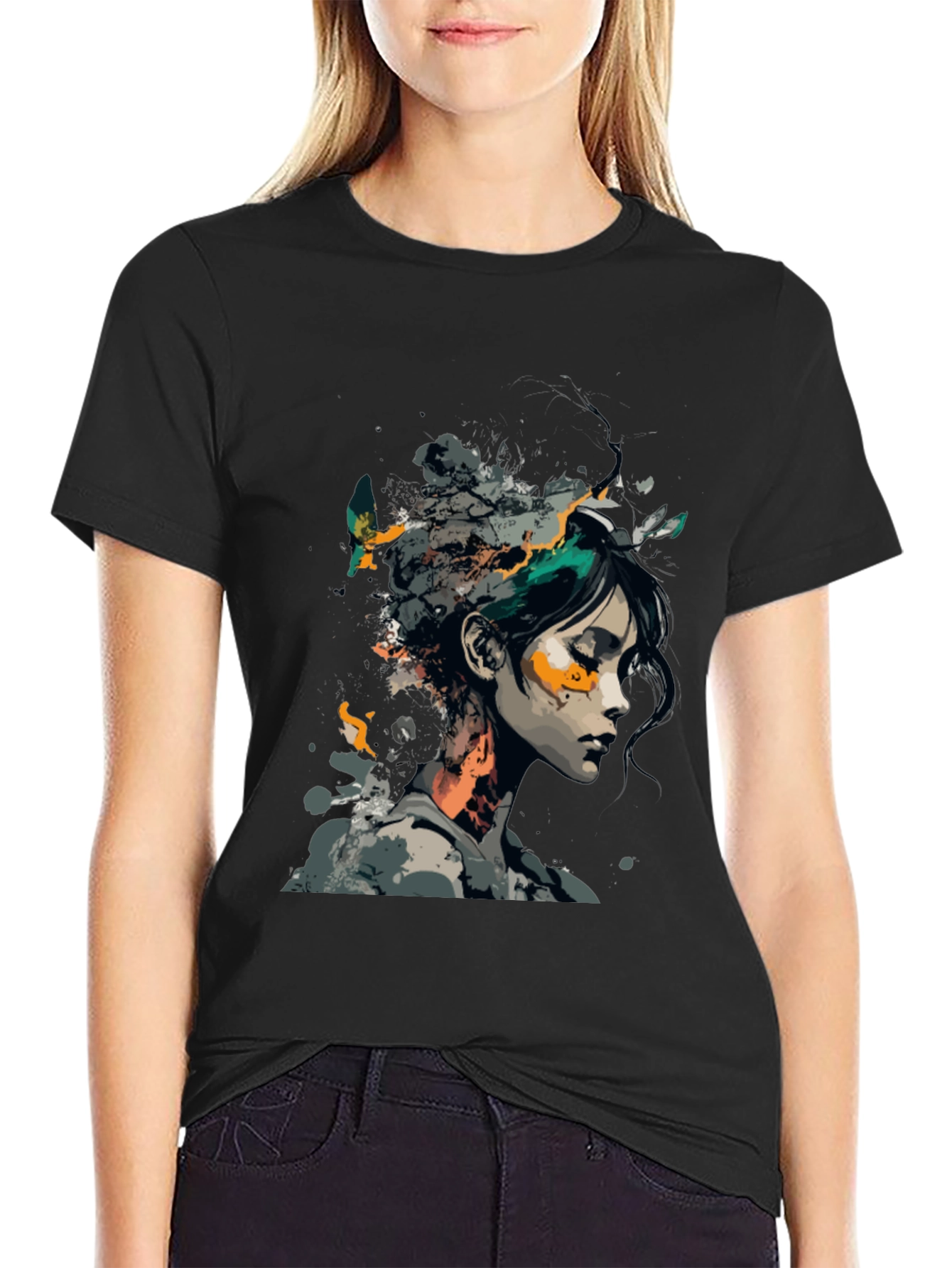 Black Artistic Woman Graphic Black T-Shirt view 2