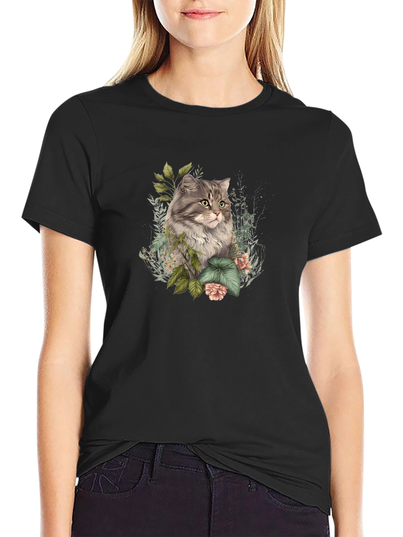 Black Floral Cat Graphic Tee - Stylish Comfort view 2