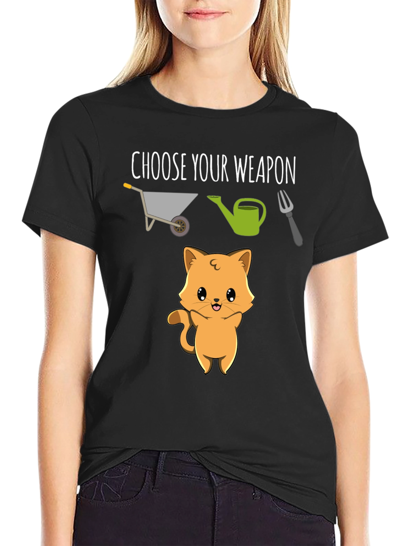 Black Choose Your Weapon Cute Cat T-Shirt view 2