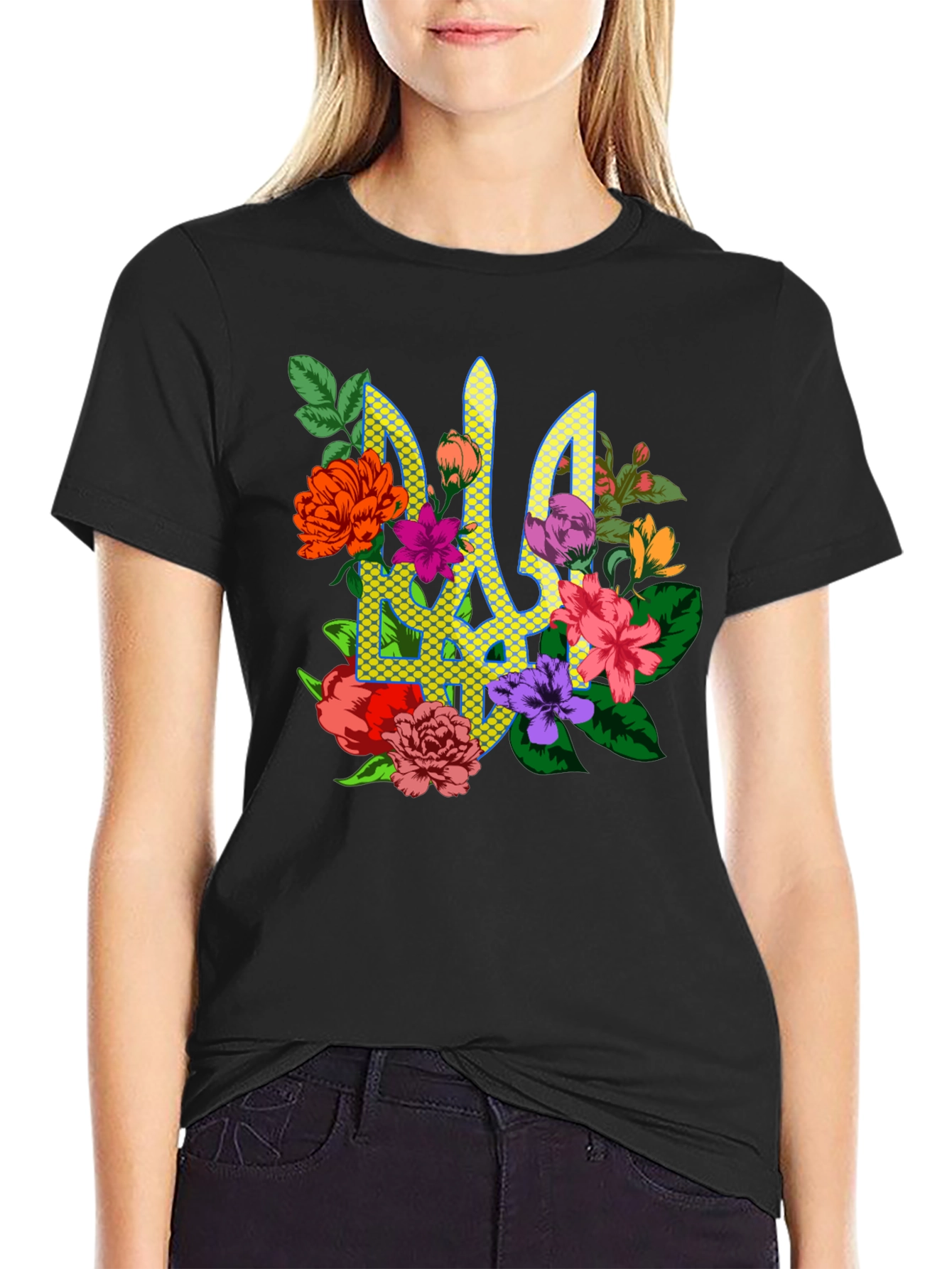 Black Floral Ukraine Emblem T-Shirt view 2