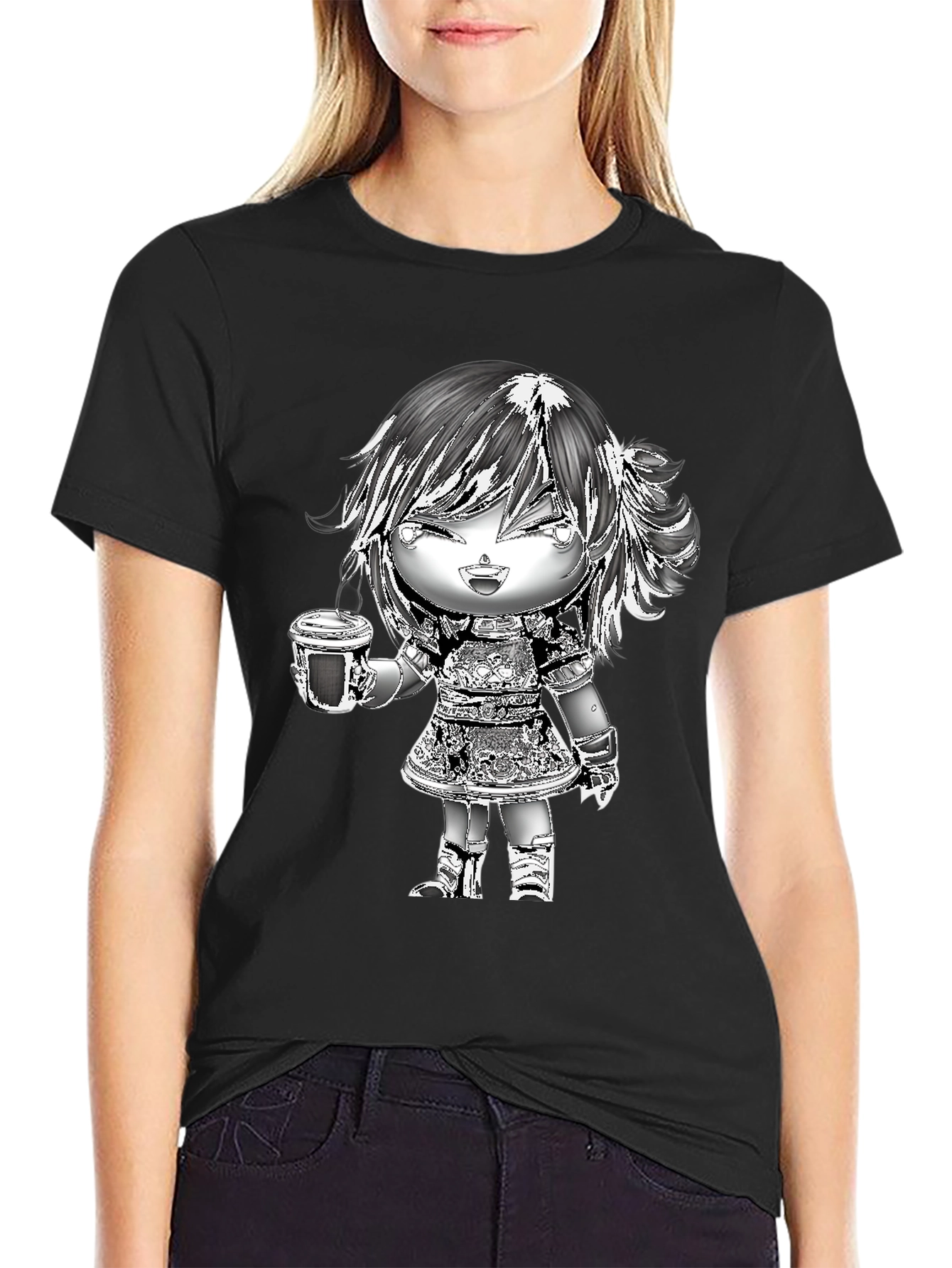 Black Anime Girl Coffee T-Shirt - Black Cotton Tee view 2