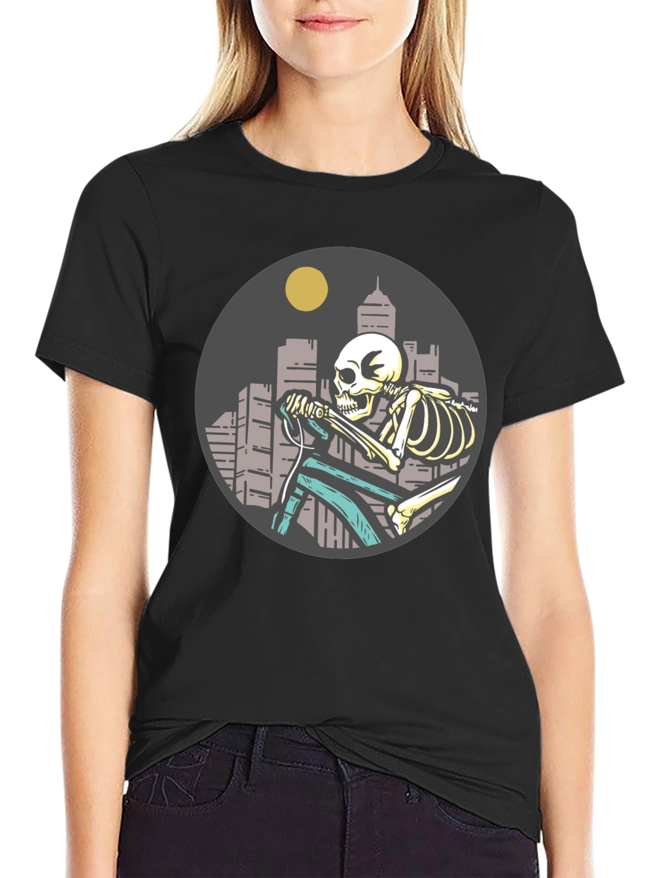 Black Skeleton Riding Bike T-Shirt - Cityscape Design view 2