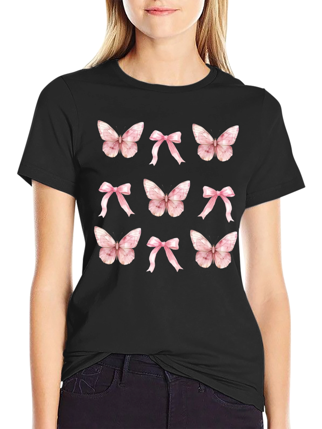 Black Butterfly & Bow T-Shirt - Cute Casual Top view 2