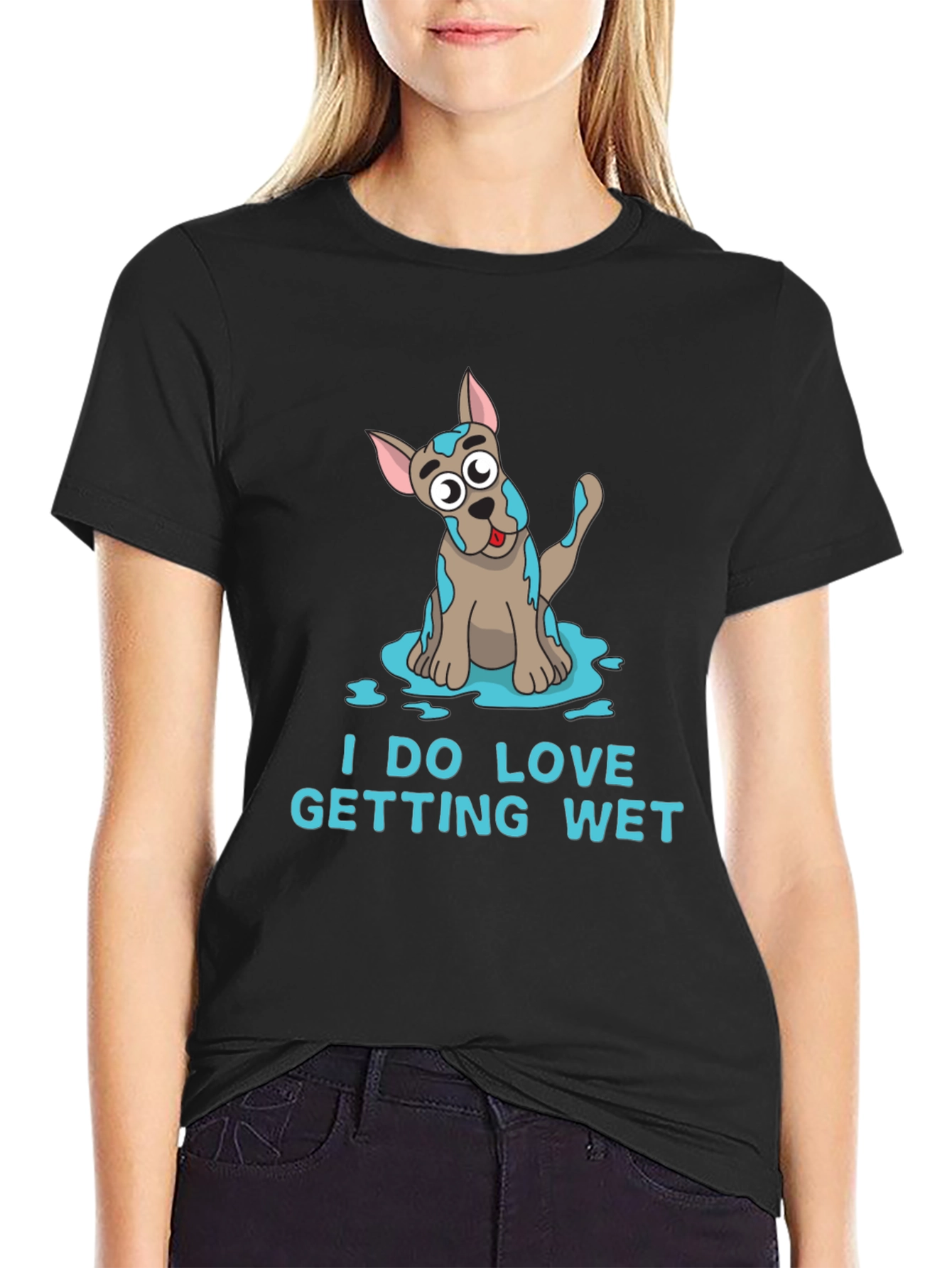 Black Funny 'I DO LOVE GETTING WET' Dog T-Shirt view 2