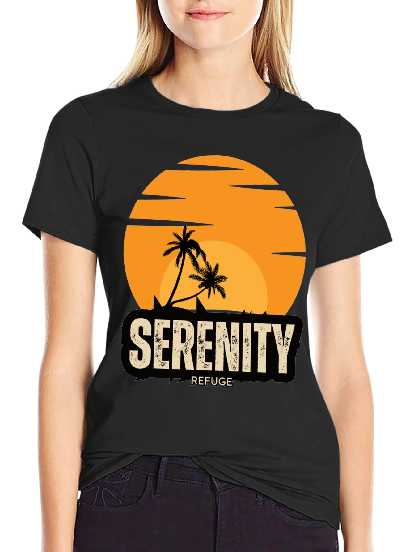 Black Serenity Refuge T-Shirt - Tropical Palm Tree Sunset Tee view 2