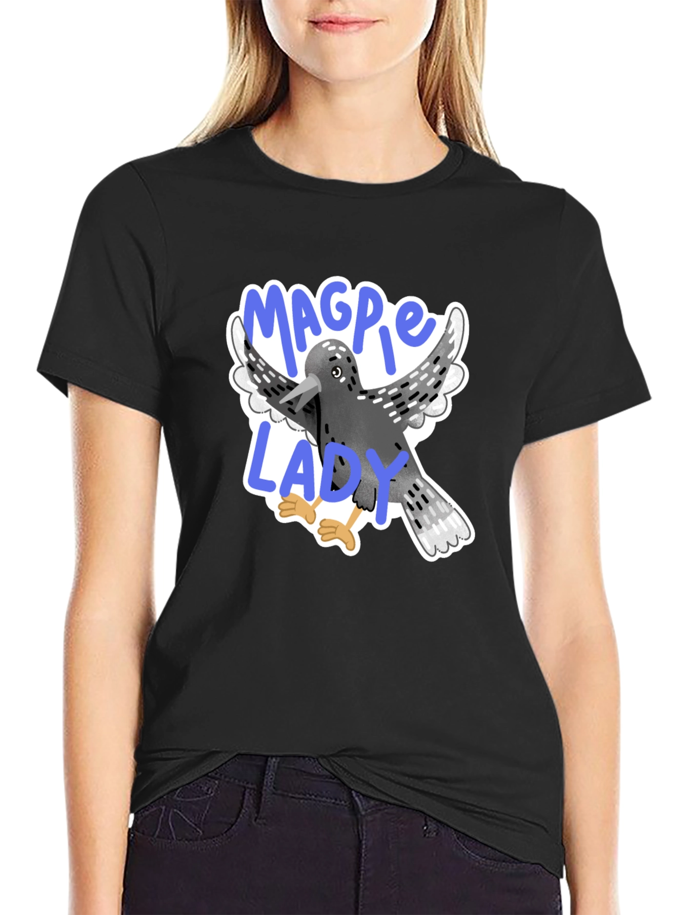 Black Magpie Lady Graphic Tee - Bird Lover T-Shirt view 2