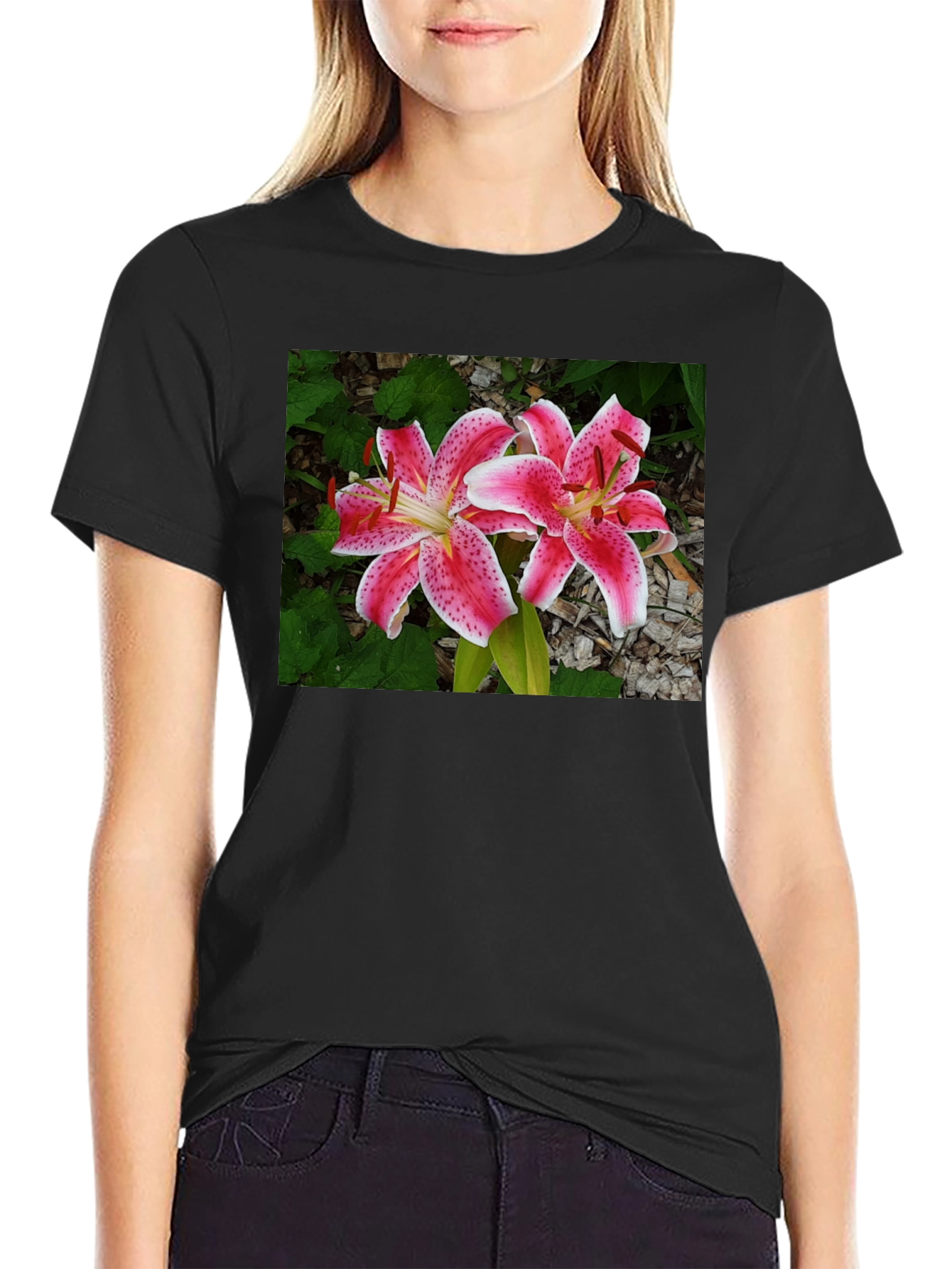 Black Floral Lily Print Black T-Shirt view 2