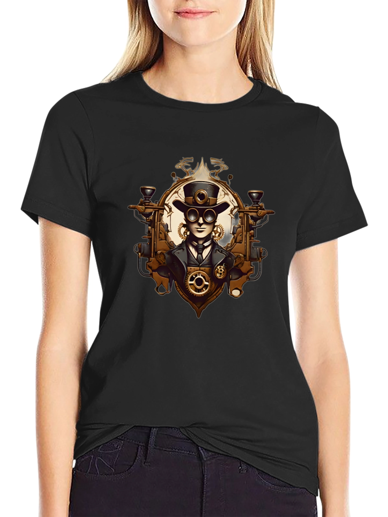Black Steampunk Gentleman Graphic Tee - Gear Up Your Style! view 2
