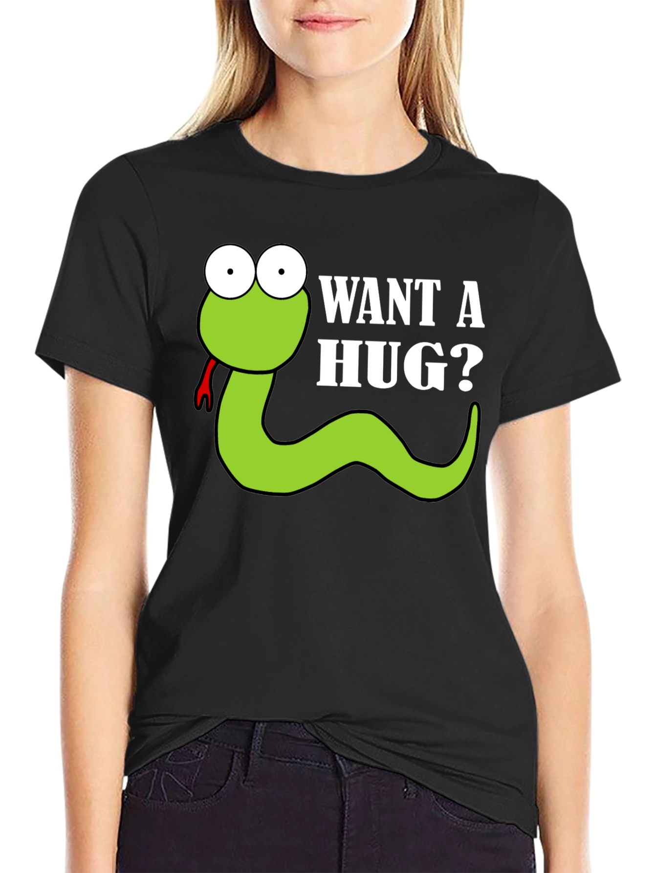 Black Want a Hug? Funny Snake Cartoon Graphic T-Shirt view 2