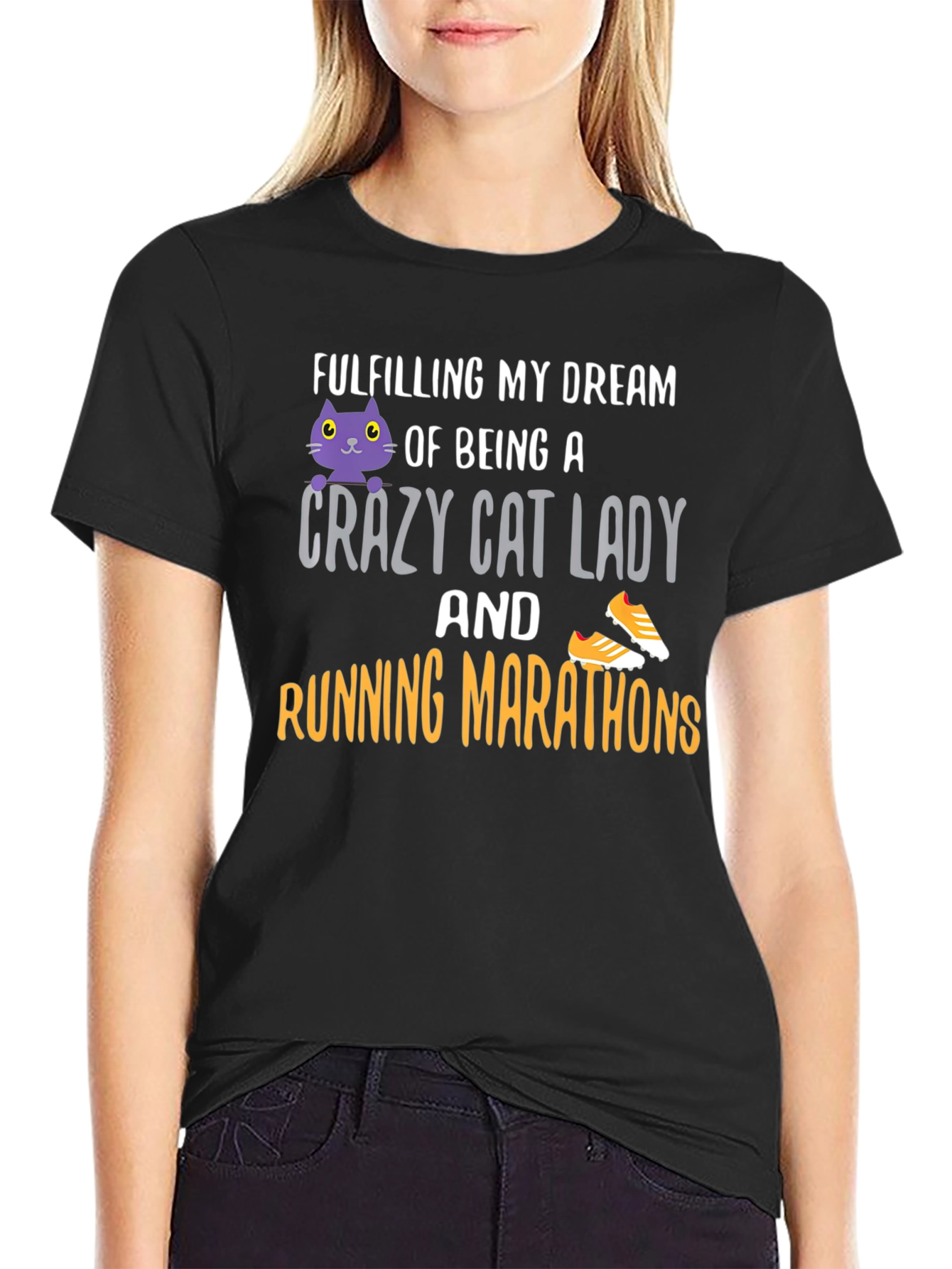 Black Crazy Cat Lady Running Marathon T-Shirt view 2