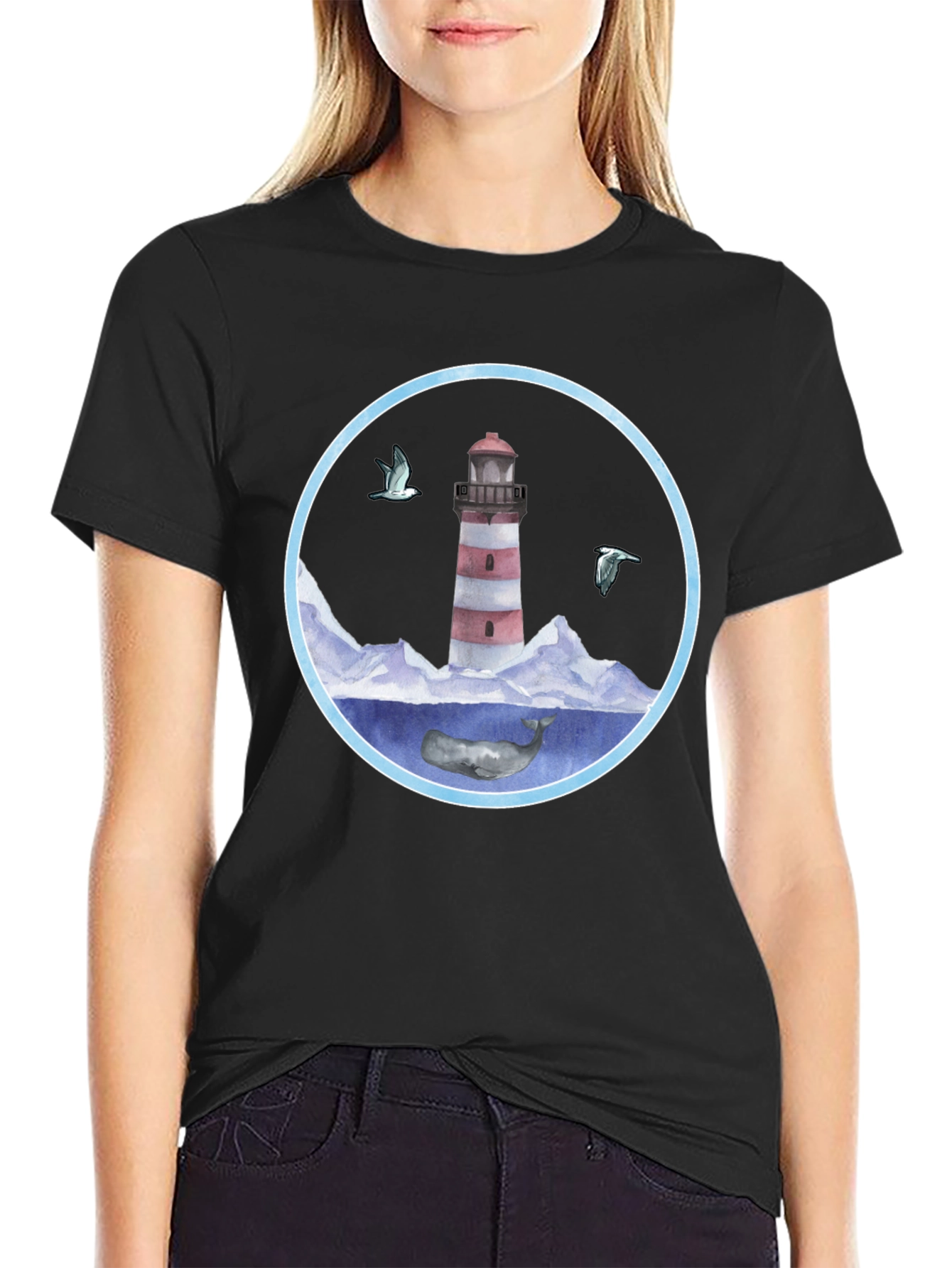 Black Lighthouse & Whale Graphic T-Shirt view 2