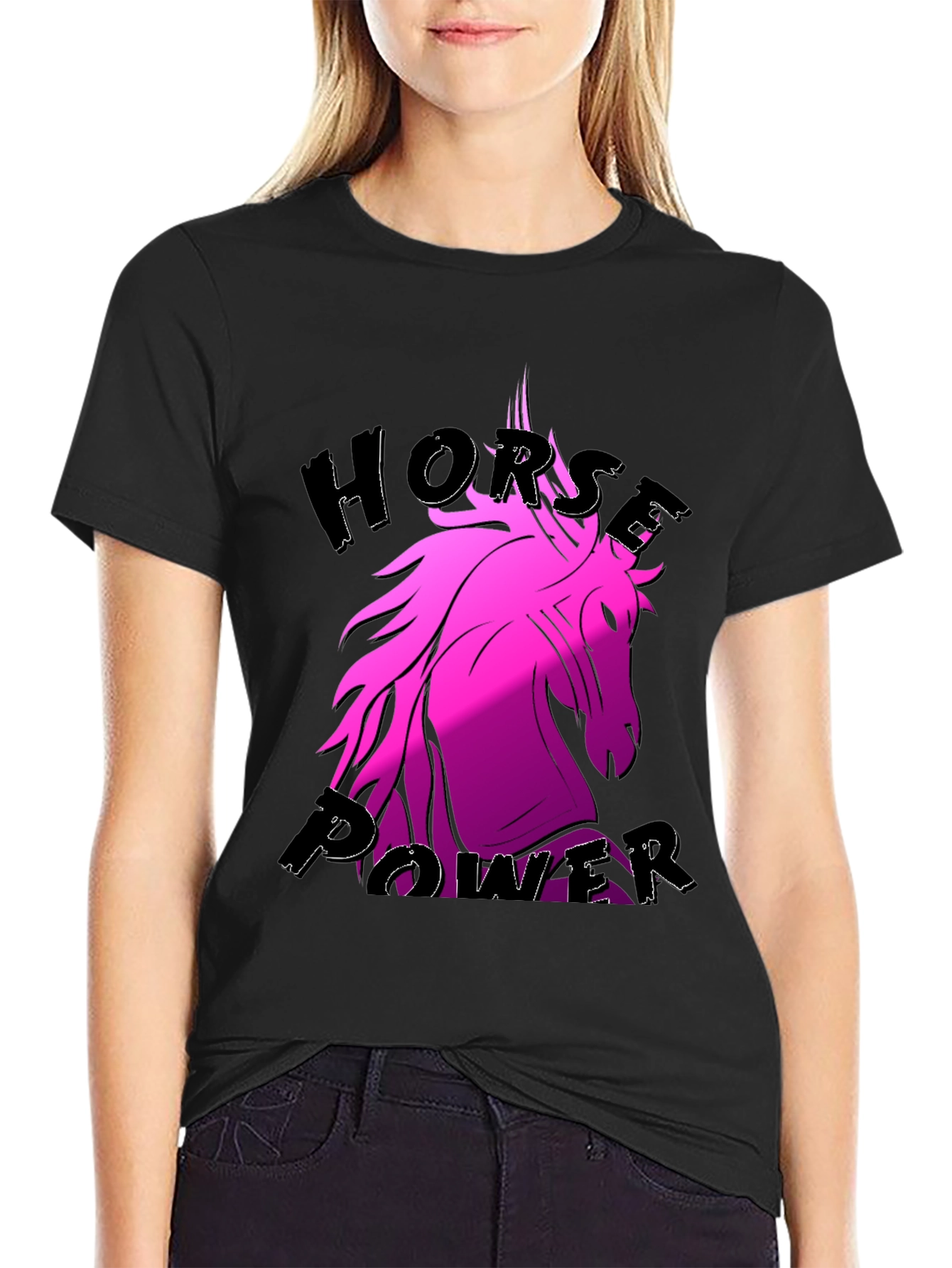 Black Horse Power Pink Unicorn Black T-Shirt view 2