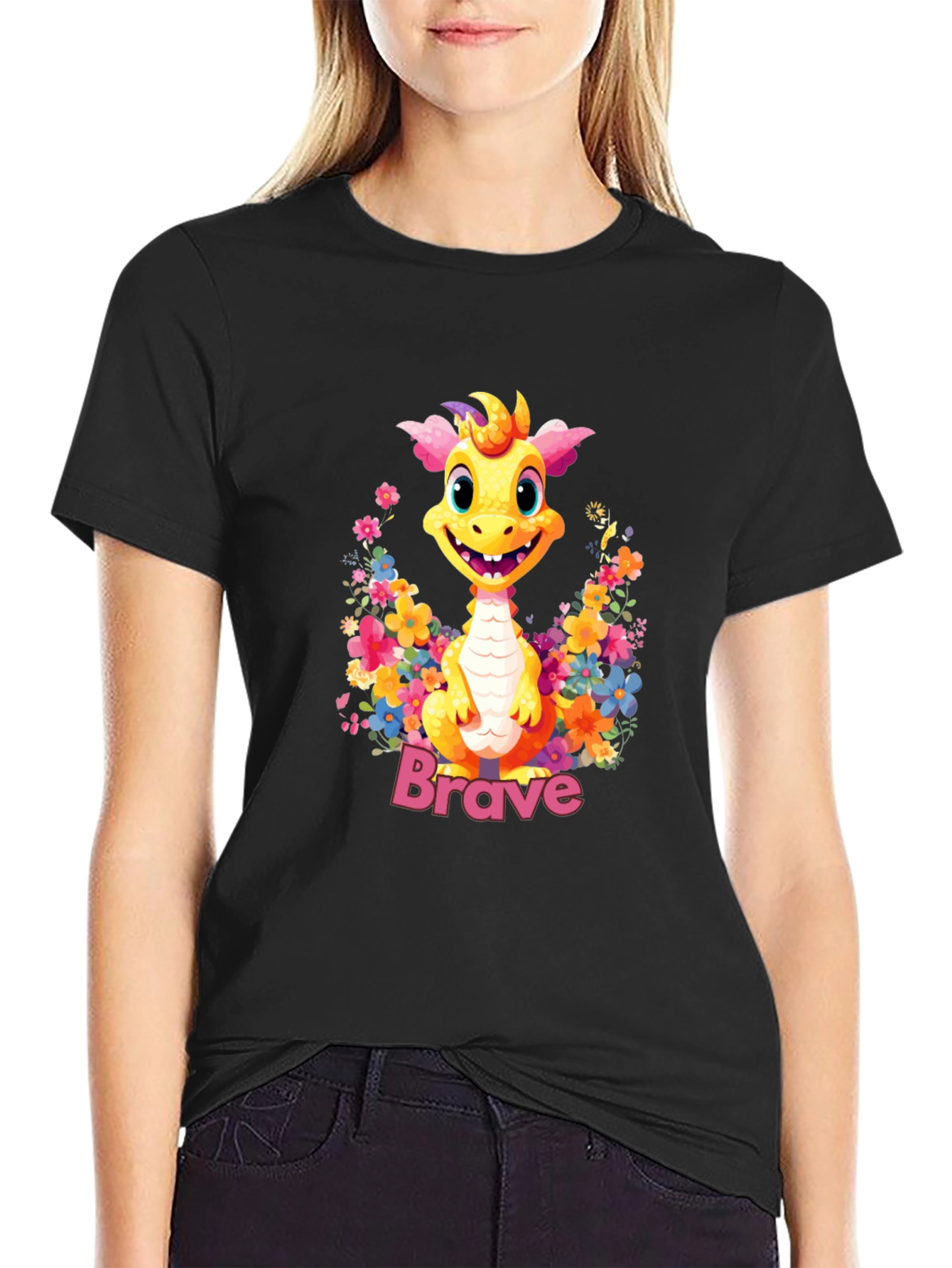 Black Brave Dragon Graphic Tee - Cute Floral Design view 2
