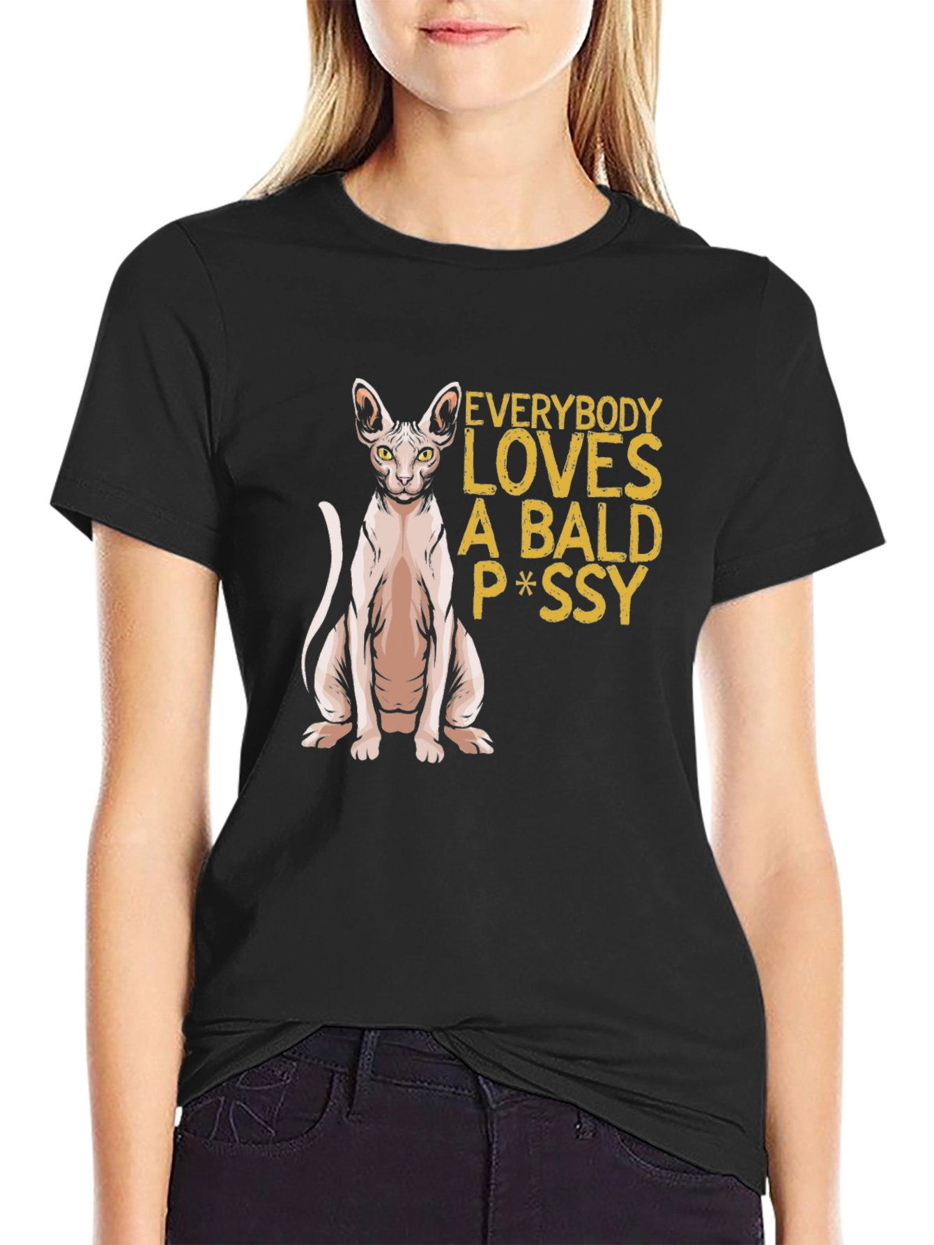 Black Bald Cat P*ssy T-Shirt - Funny Novelty Tee view 2
