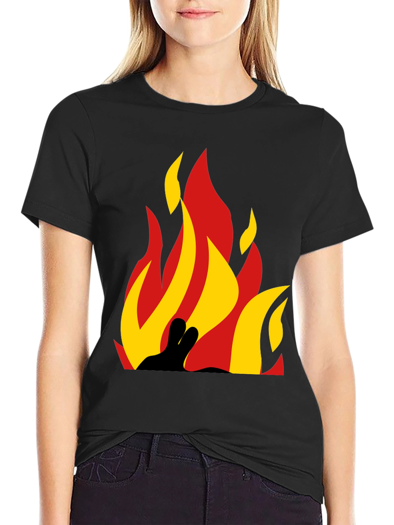 Black Flame Graphic Tee - Bold Black Cotton T-Shirt view 2