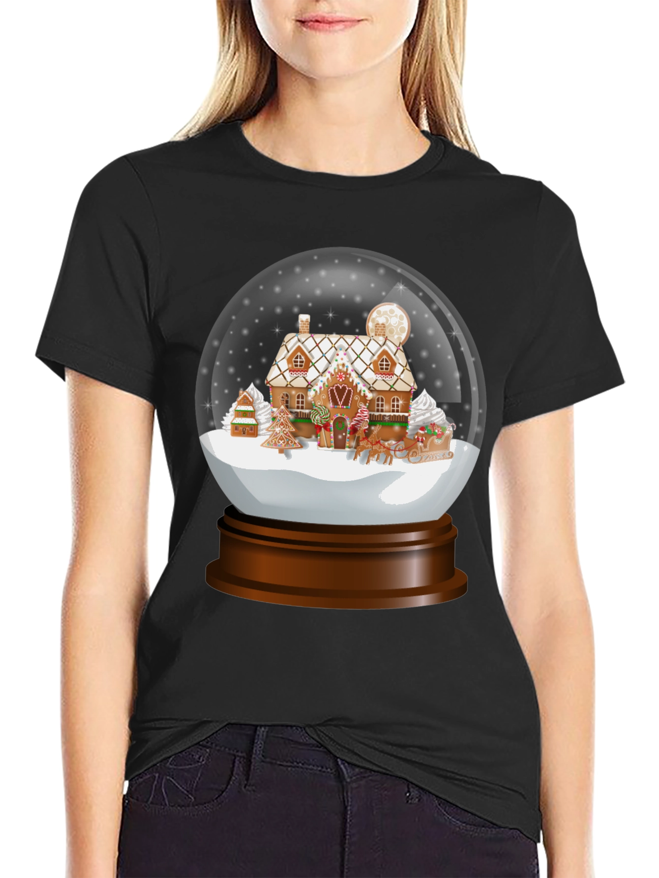 Black Gingerbread House Snow Globe Graphic Tee view 2