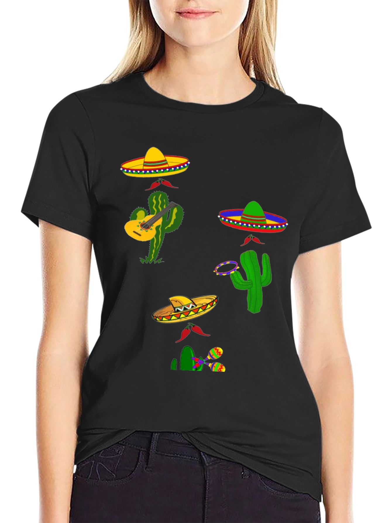 Black Festive Fiesta T-Shirt: Sombreros, Cacti, and Musical Fun view 2