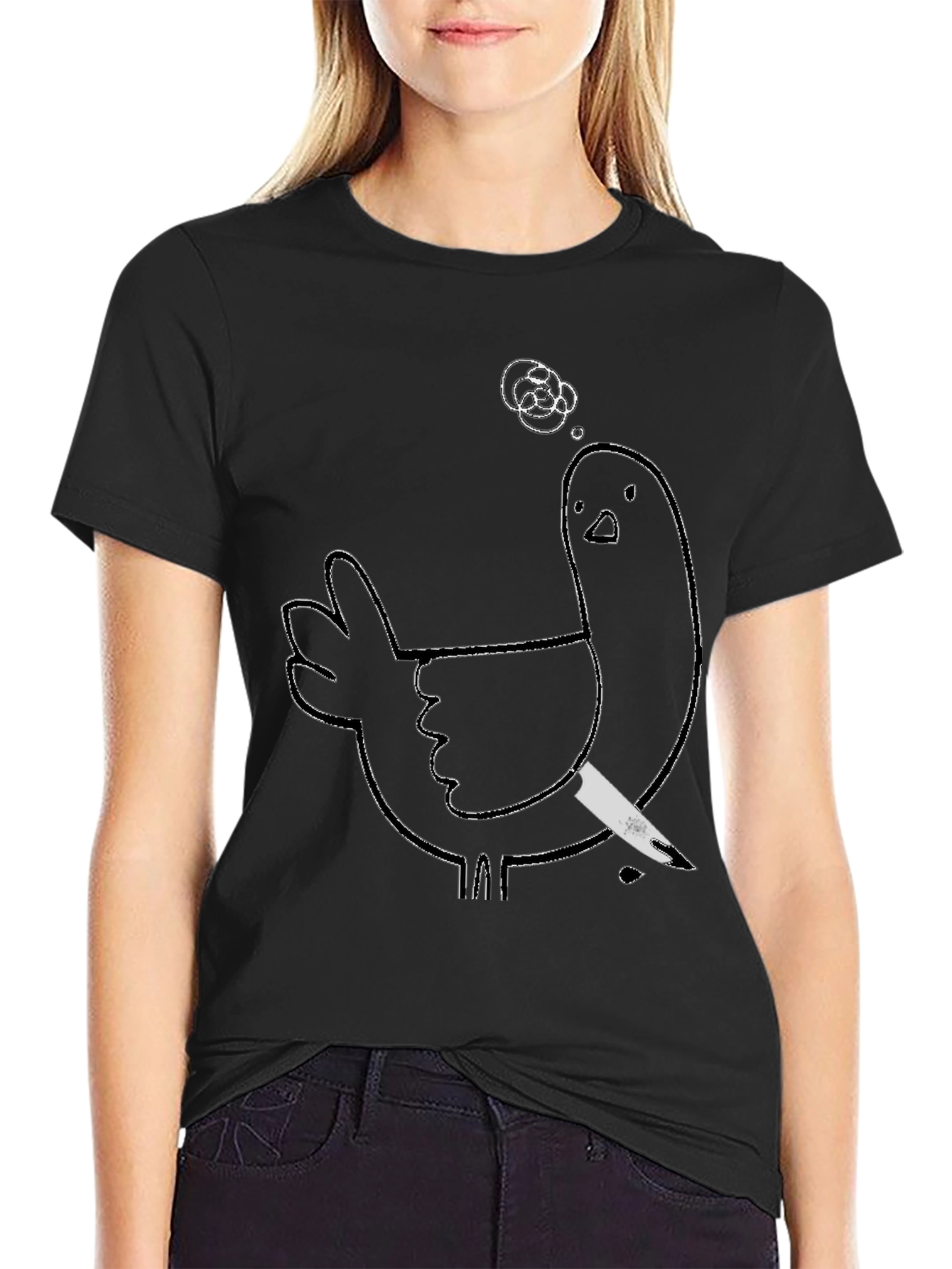 Black Humorous Chicken T-Shirt - Quirky Knife Design view 2