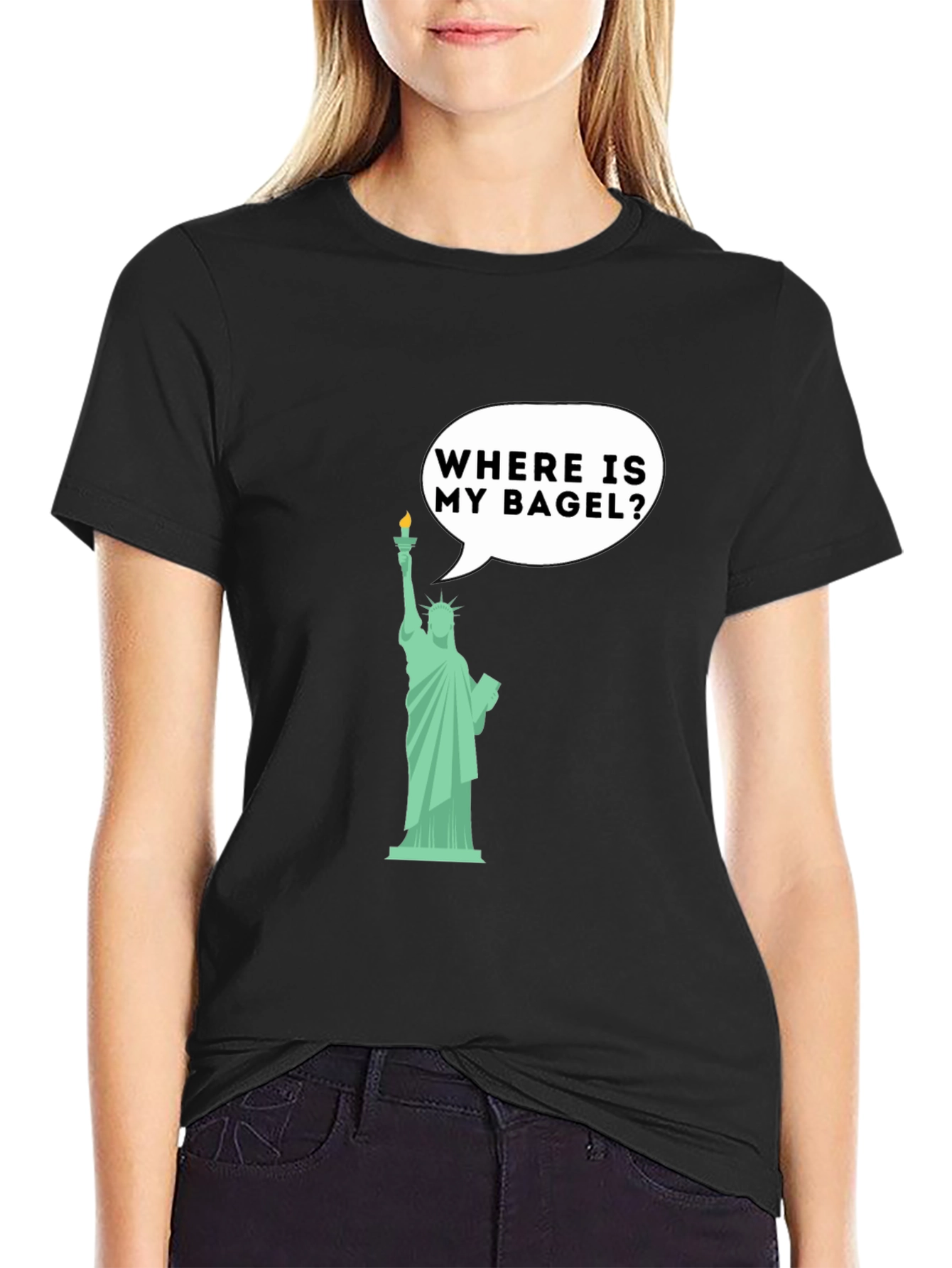 Black Funny Statue of Liberty Bagel Graphic T-Shirt view 2