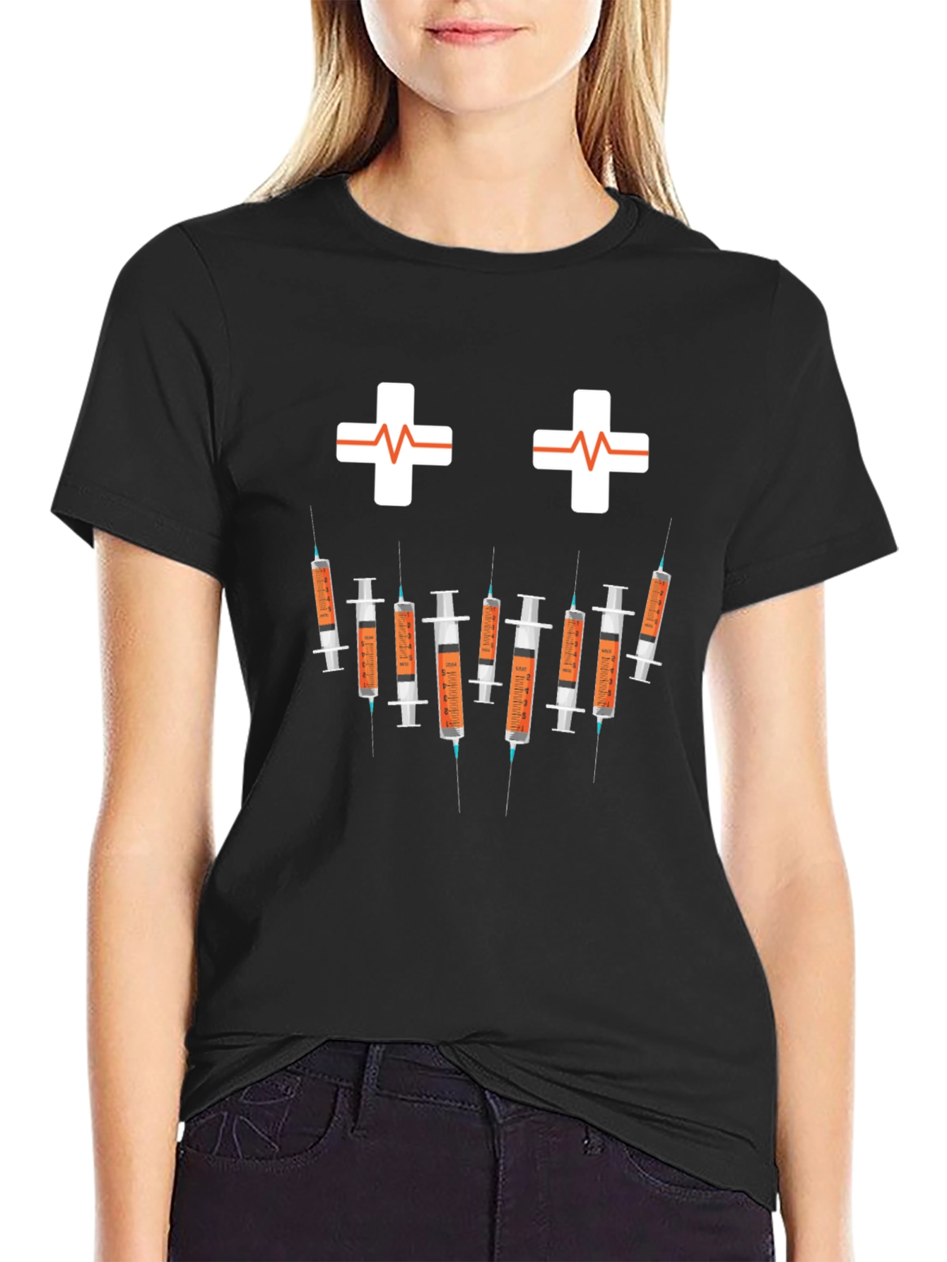 Black Humorous Nurse/Doctor Syringe Graphic T-Shirt view 2