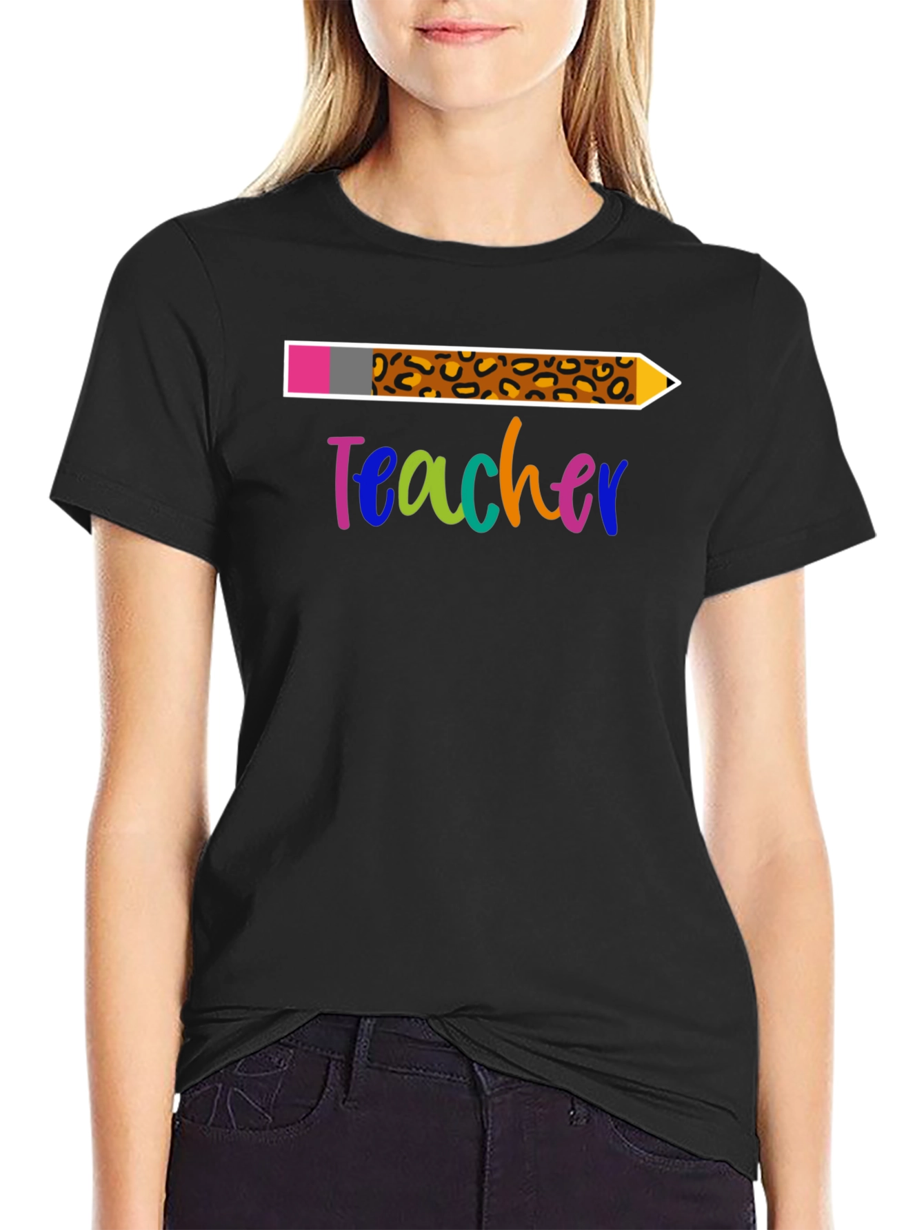 Black Teacher Leopard Print Pencil T-Shirt view 2
