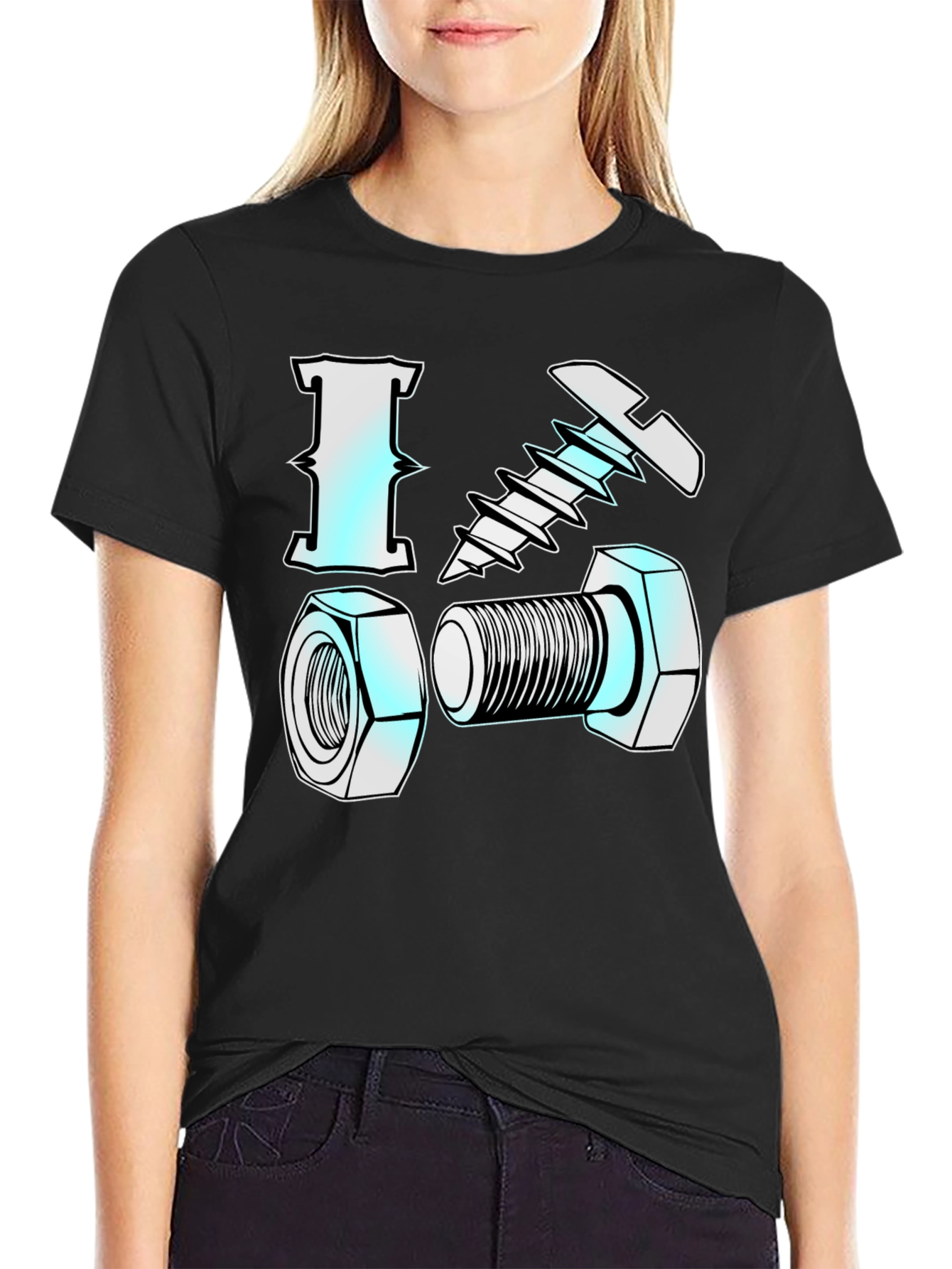 Black I Love Nuts & Bolts Funny Graphic T-Shirt view 2