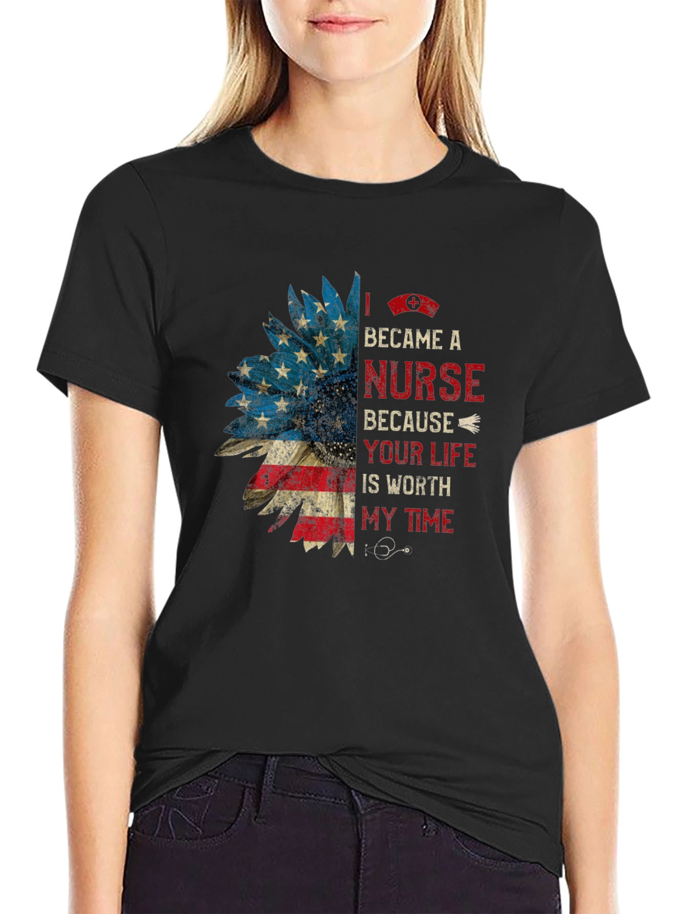 Black Nurse Sunflower T-Shirt Patriotic view 2