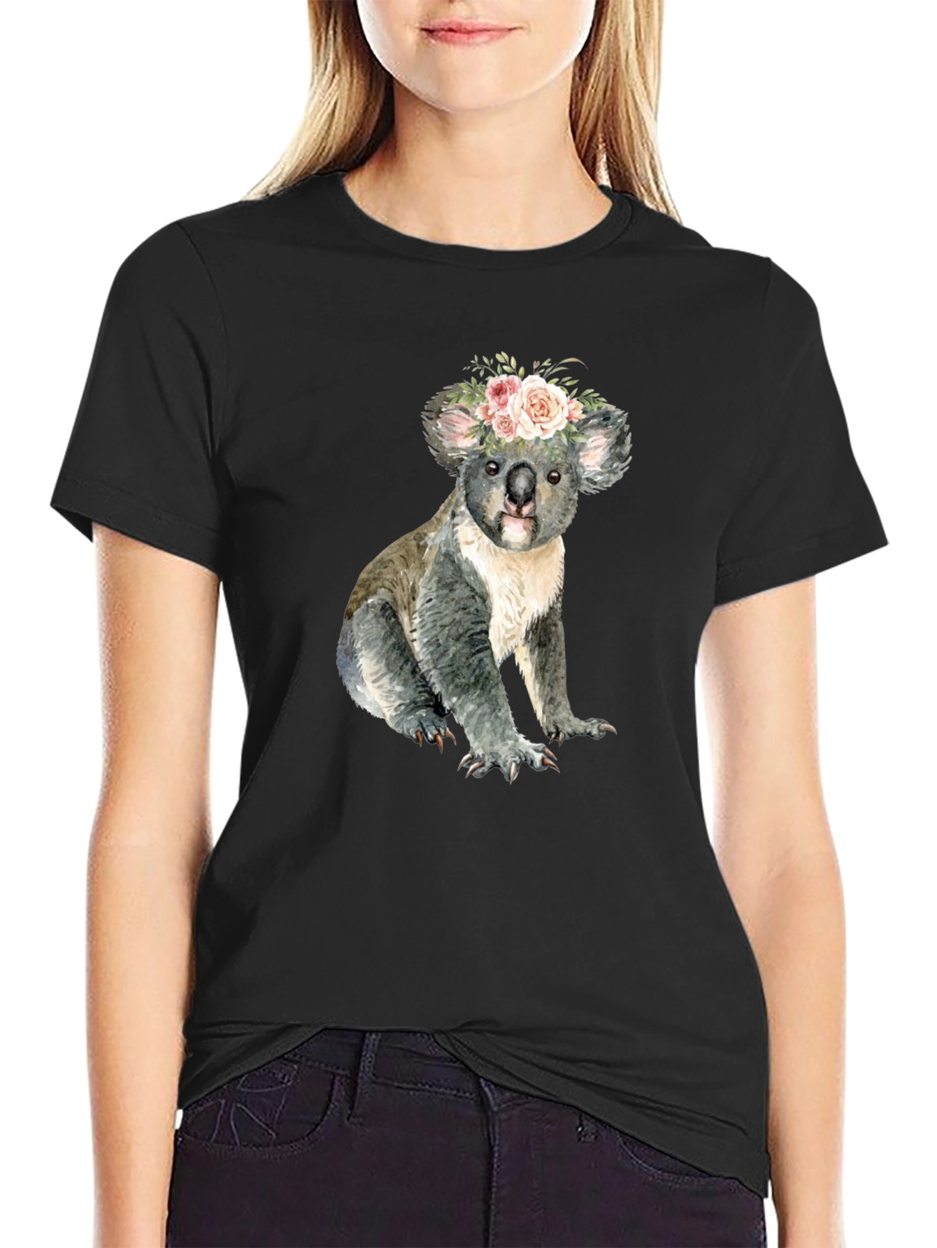 Black Floral Koala Bear Graphic T-Shirt view 2