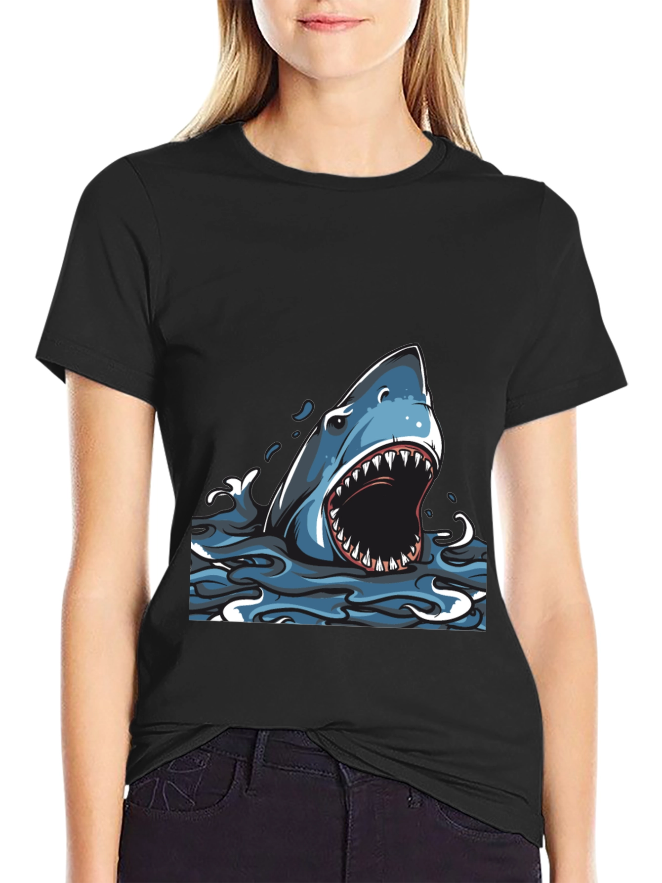 Black Shark Graphic Print Crew Neck T-Shirt view 2