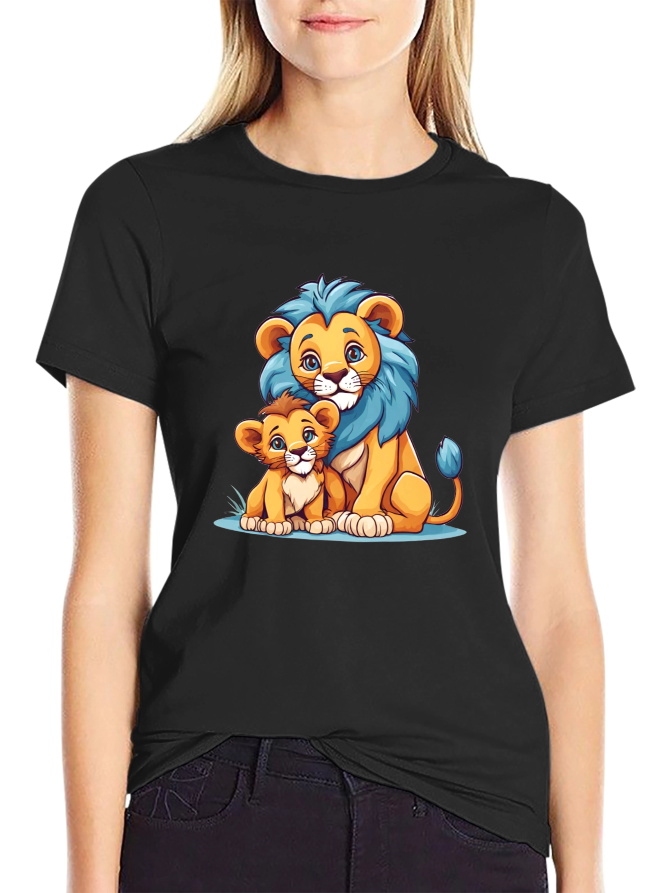 Black Lion Family Graphic Tee - Cute Cartoon Design view 2
