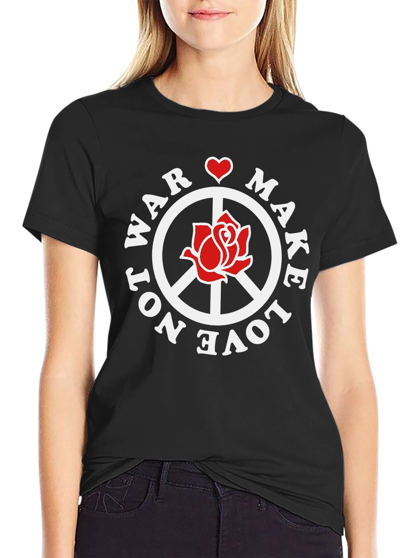 Black Make Love Not War T-Shirt Peace Sign Rose Graphic view 2