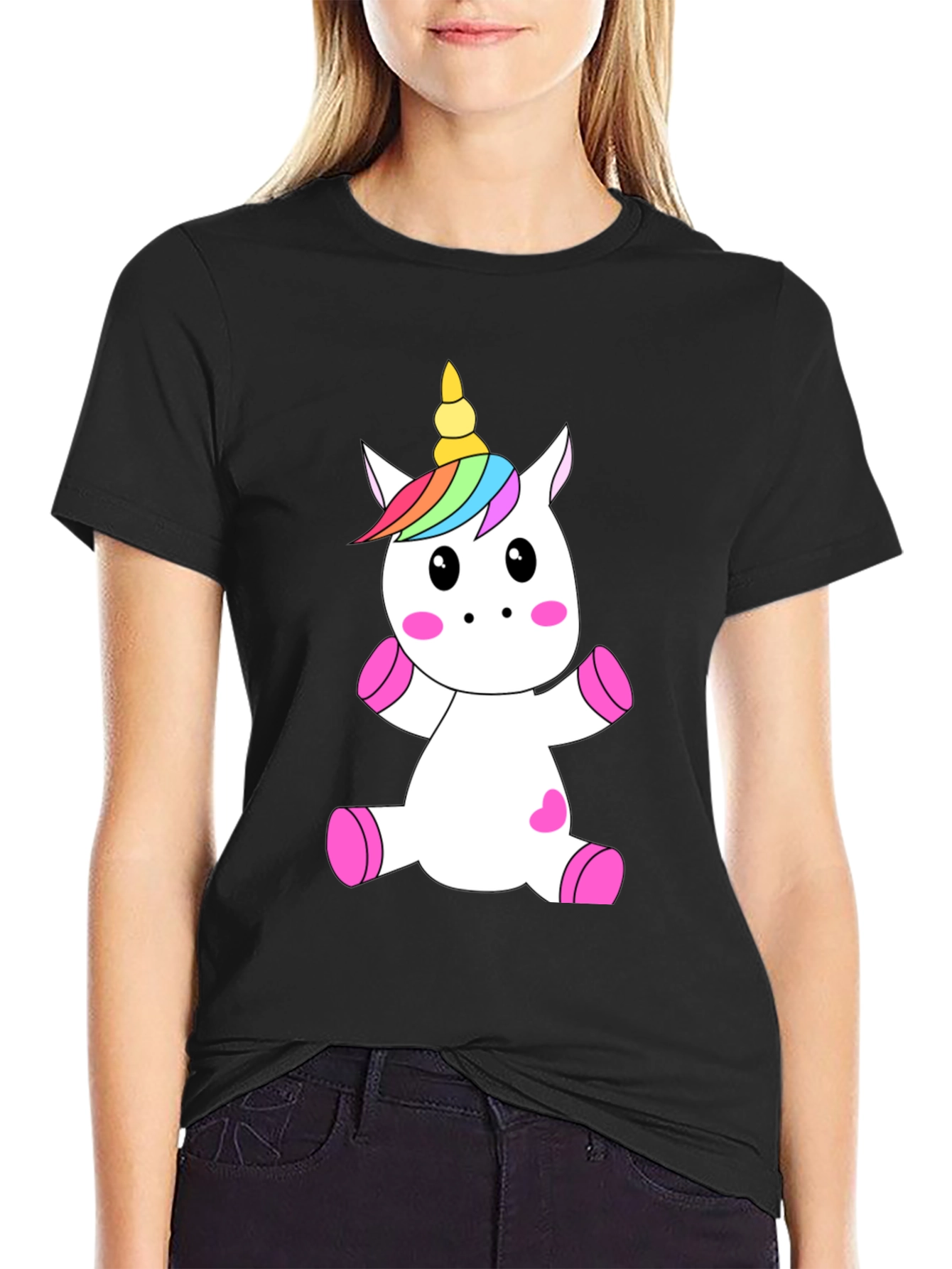 Black Unicorn Graphic Black T-Shirt - Cute Cartoon Design view 2