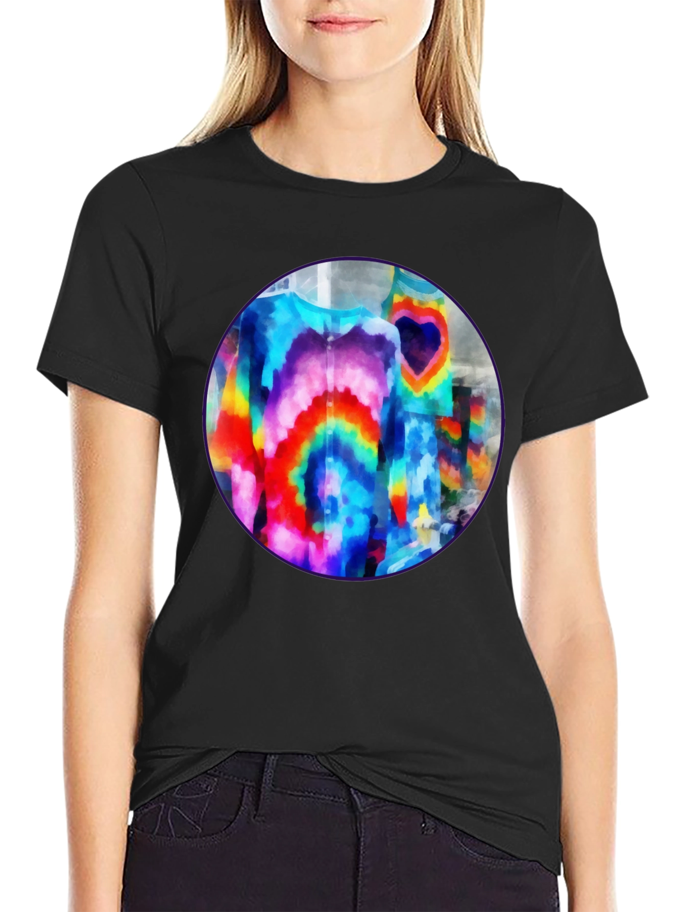 Black Vibrant Tie-Dye Graphic Tee - Bold Black Cotton T-Shirt view 2