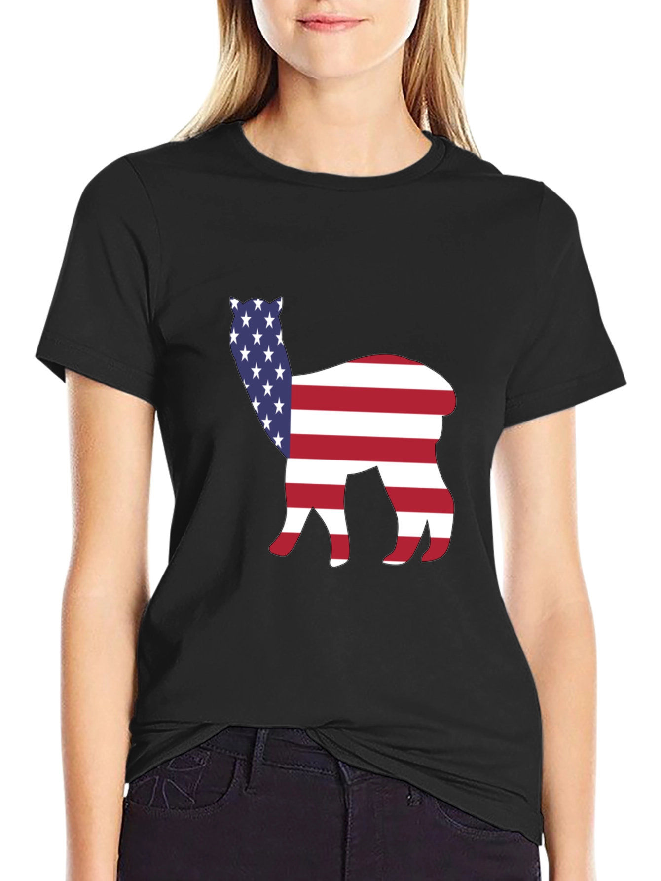 Black American Alpaca Tee - Patriotic USA Flag Animal Shirt view 2