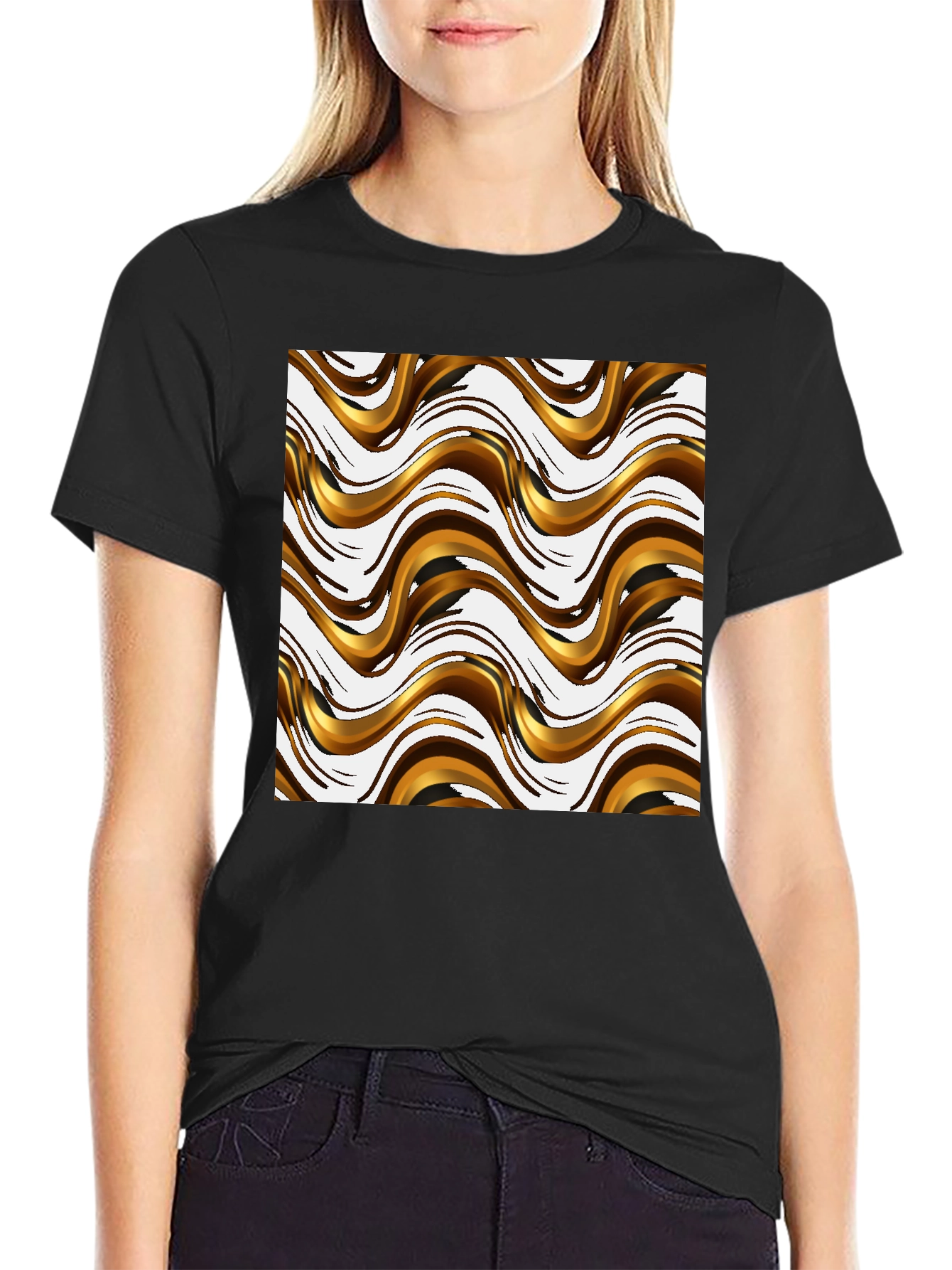Black Stylish Black Tee with Abstract Gold Wave Design view 2