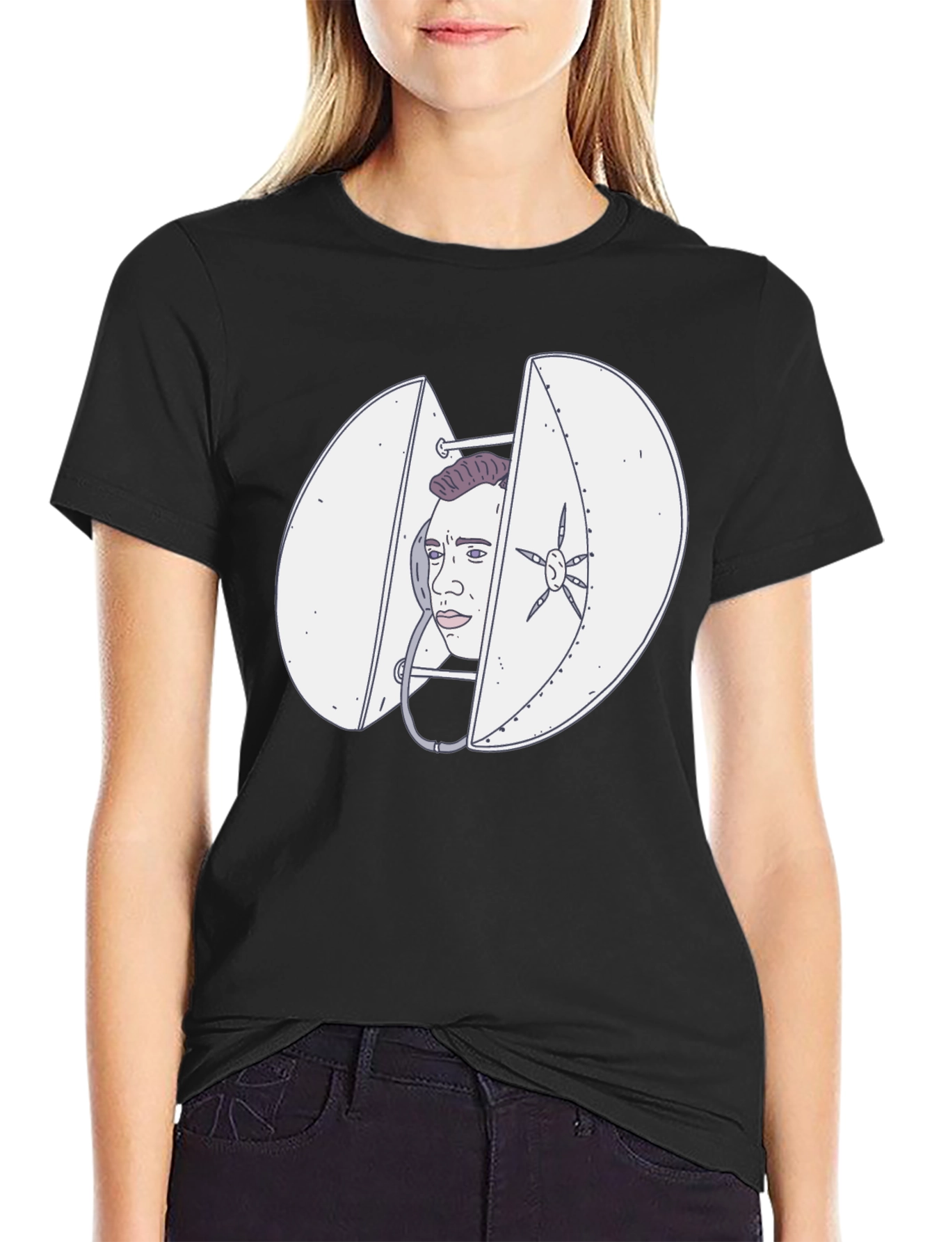 Black Quirky Black T-Shirt with Funny Illustration view 2